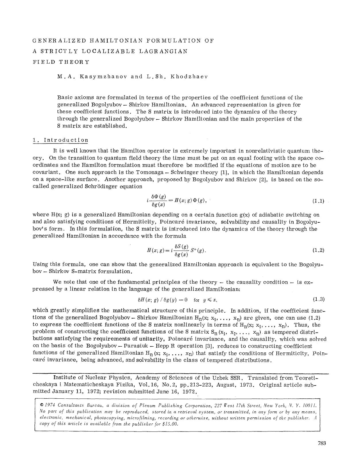 Generalized Hamiltonian formulation of a strictly localizable Lagrangian field theory by Unknown