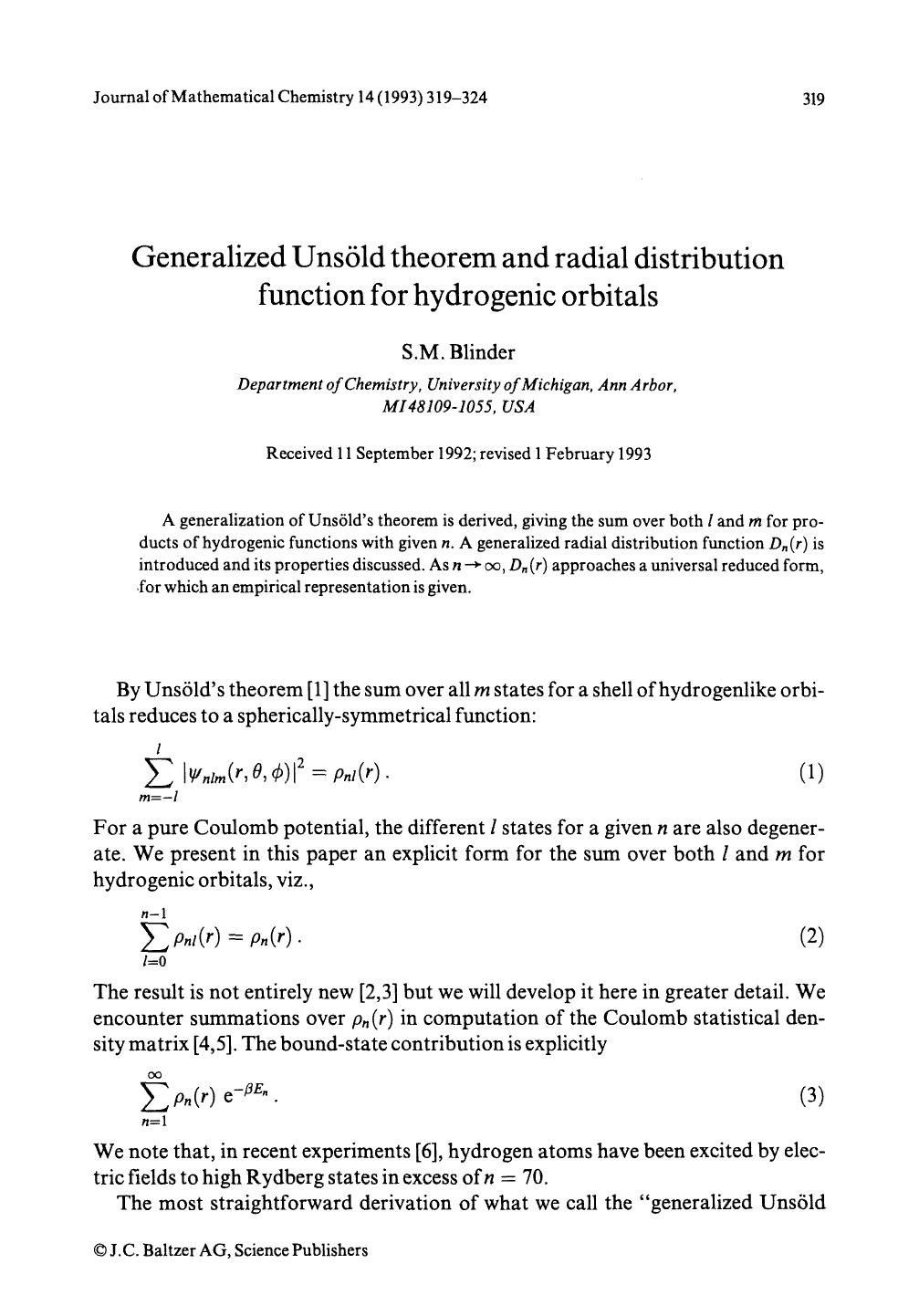 Generalized Unsöld theorem and radial distribution function for hydrogenic orbitals by Unknown