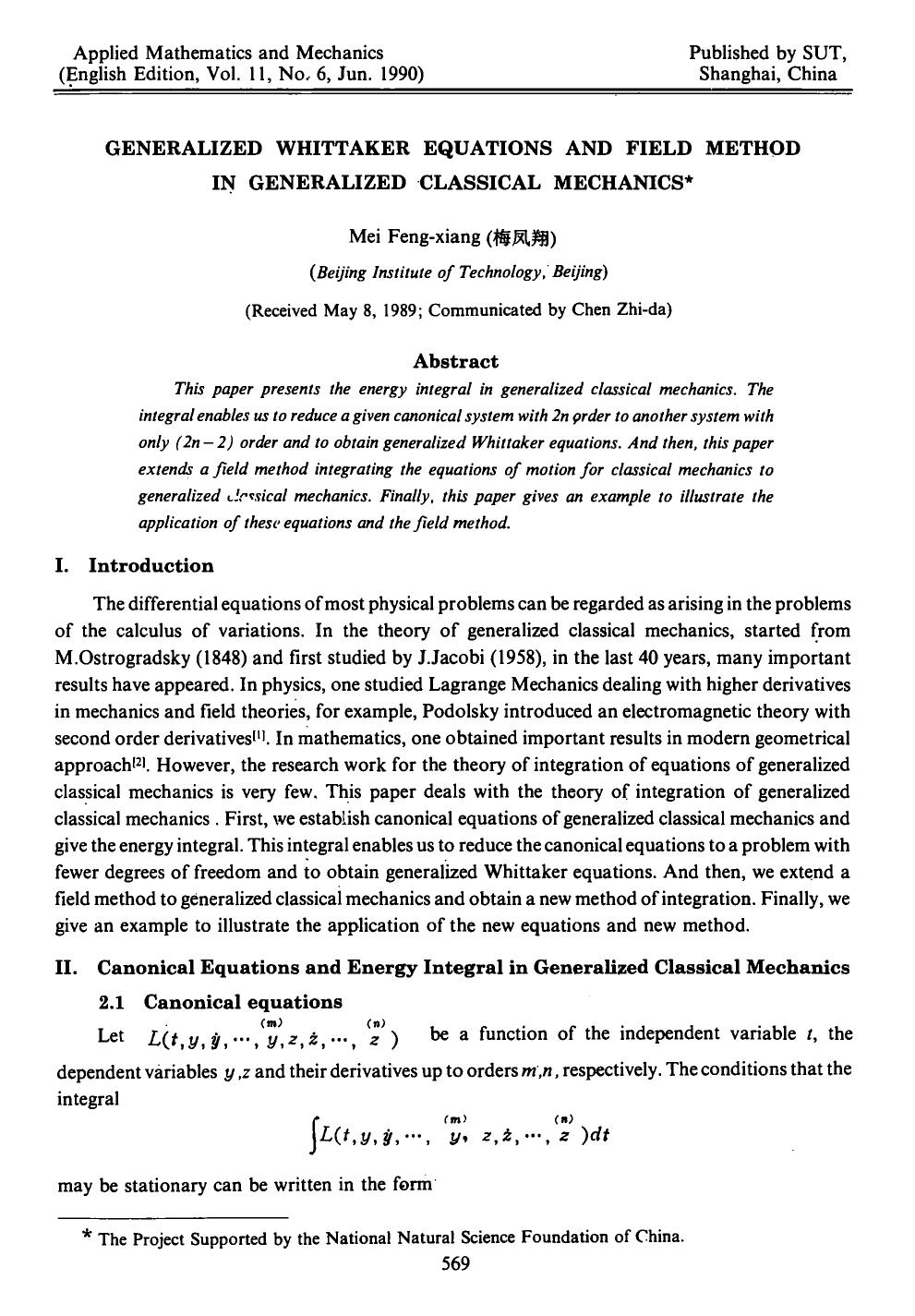 Generalized Whittaker equations and field method in generalized classical mechanics by Unknown