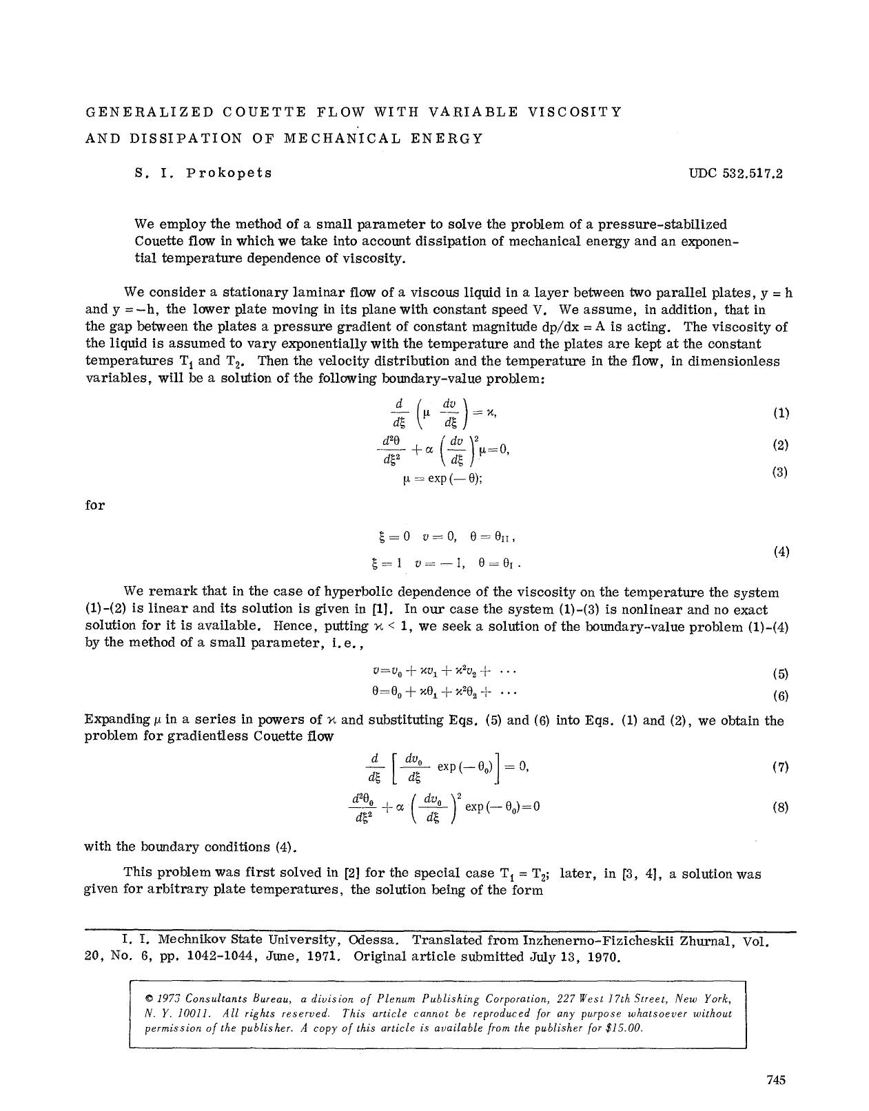 Generalized couette flow with variable viscosity and dissipation of mechanical energy by Unknown