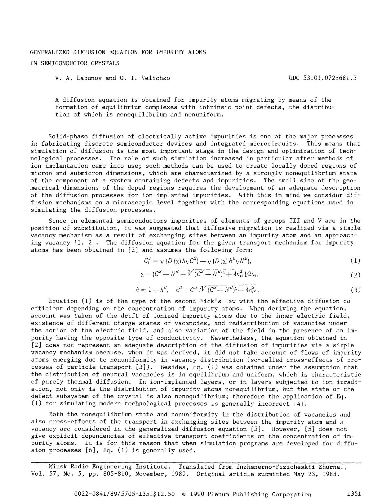 Generalized diffusion equation for impurity atoms in semiconductor crystals by Unknown