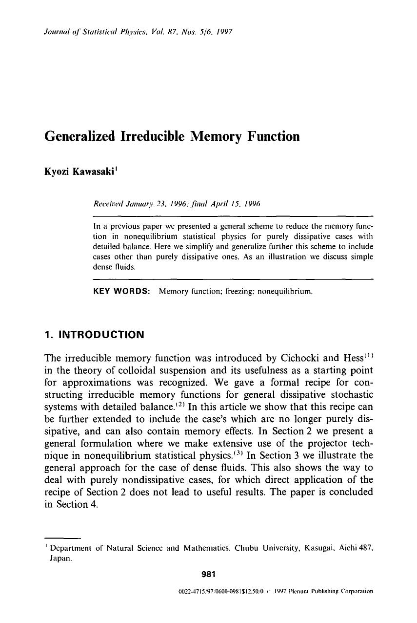 Generalized irreducible memory function by Unknown