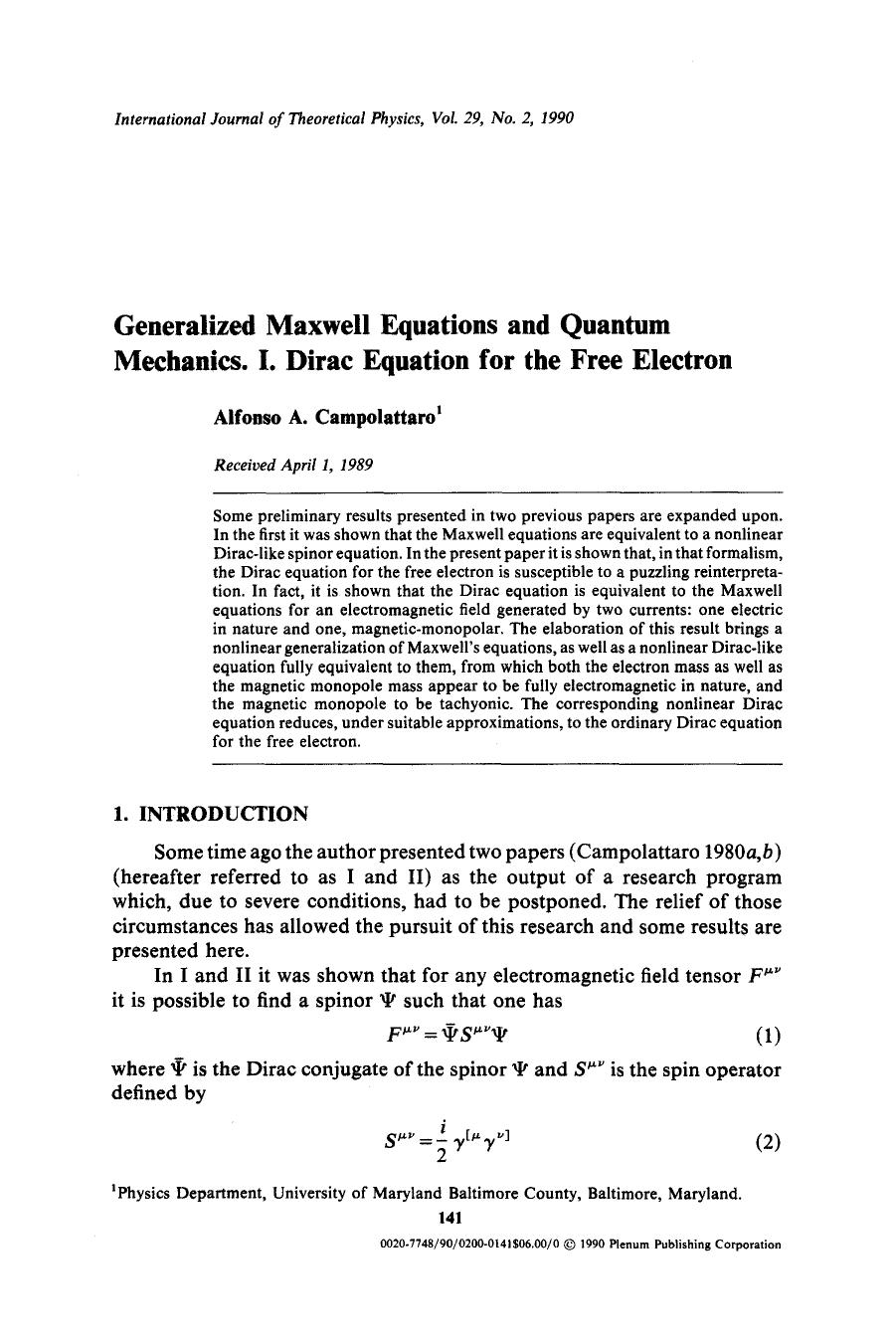 Generalized maxwell equations and quantum mechanics. I. Dirac equation for the free electron by Unknown