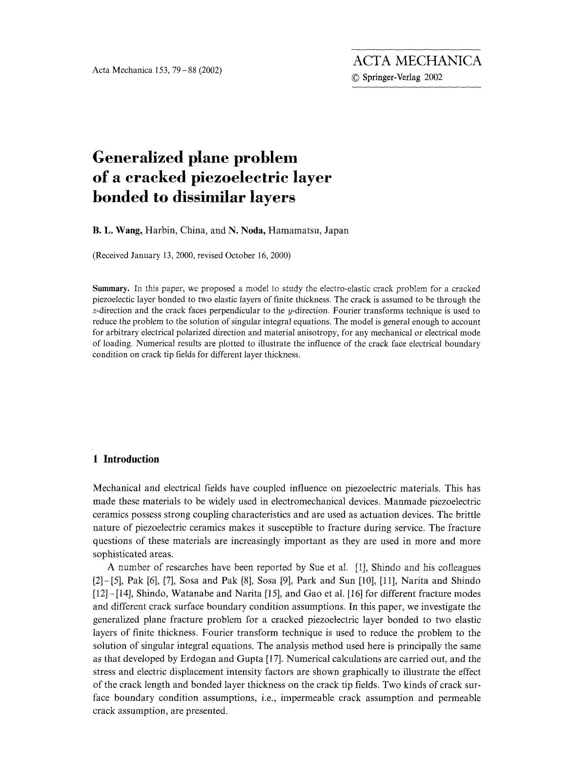 Generalized plane problem of a cracked piezoelectric layer bonded to dissimilar layers by Unknown