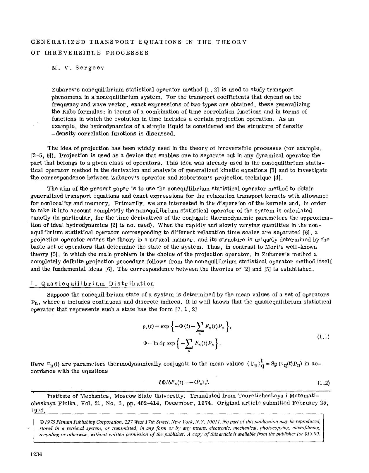 Generalized transport equations in the theory of irreversible processes by Unknown