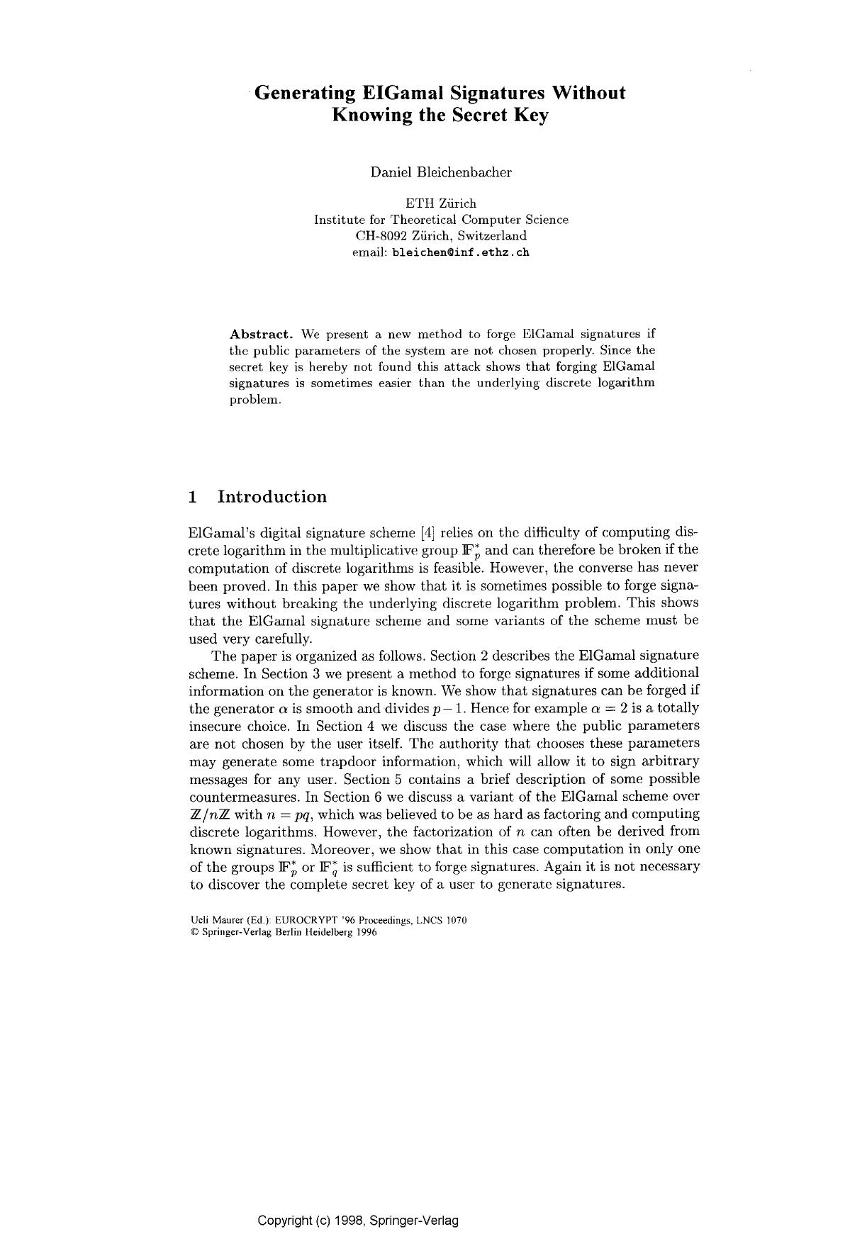 Generating ElGamal signatures without knowing the secret key by Bleichenbacher D