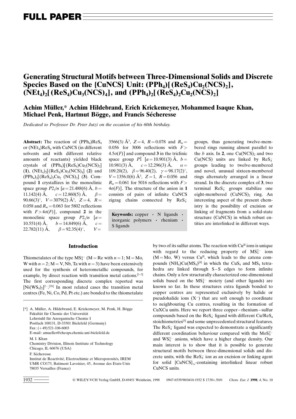 Generating Structural Motifs between Three-Dimensional Solids and Discrete Species Based on the [lcub]CuNCS[rcub] Unit: (PPh4)[(ReS4)Cu2(NCS)2], (NEt4)2[(ReS4)Cu3(NCS)4], and (PPh4)2[(ReS4)2Cu2(NCS)2] by Unknown