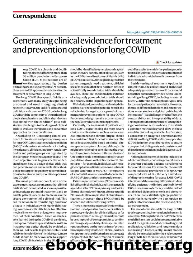 Generating clinical evidence for treatment and prevention options for long COVID by Stephanie Buchholz & Eugenia Meco & Ewa Z. Bałkowiec-Iskra & Bruno Sepodes & Marco Cavaleri