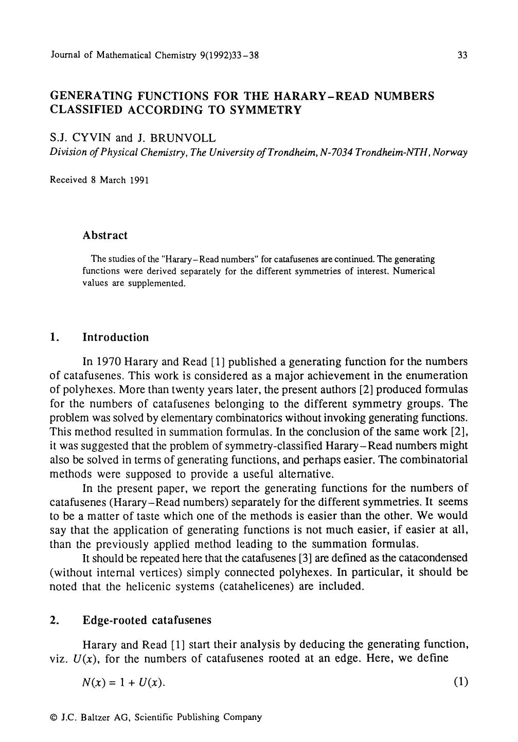 Generating functions for the Harary-Read numbers classified according to symmetry by Unknown