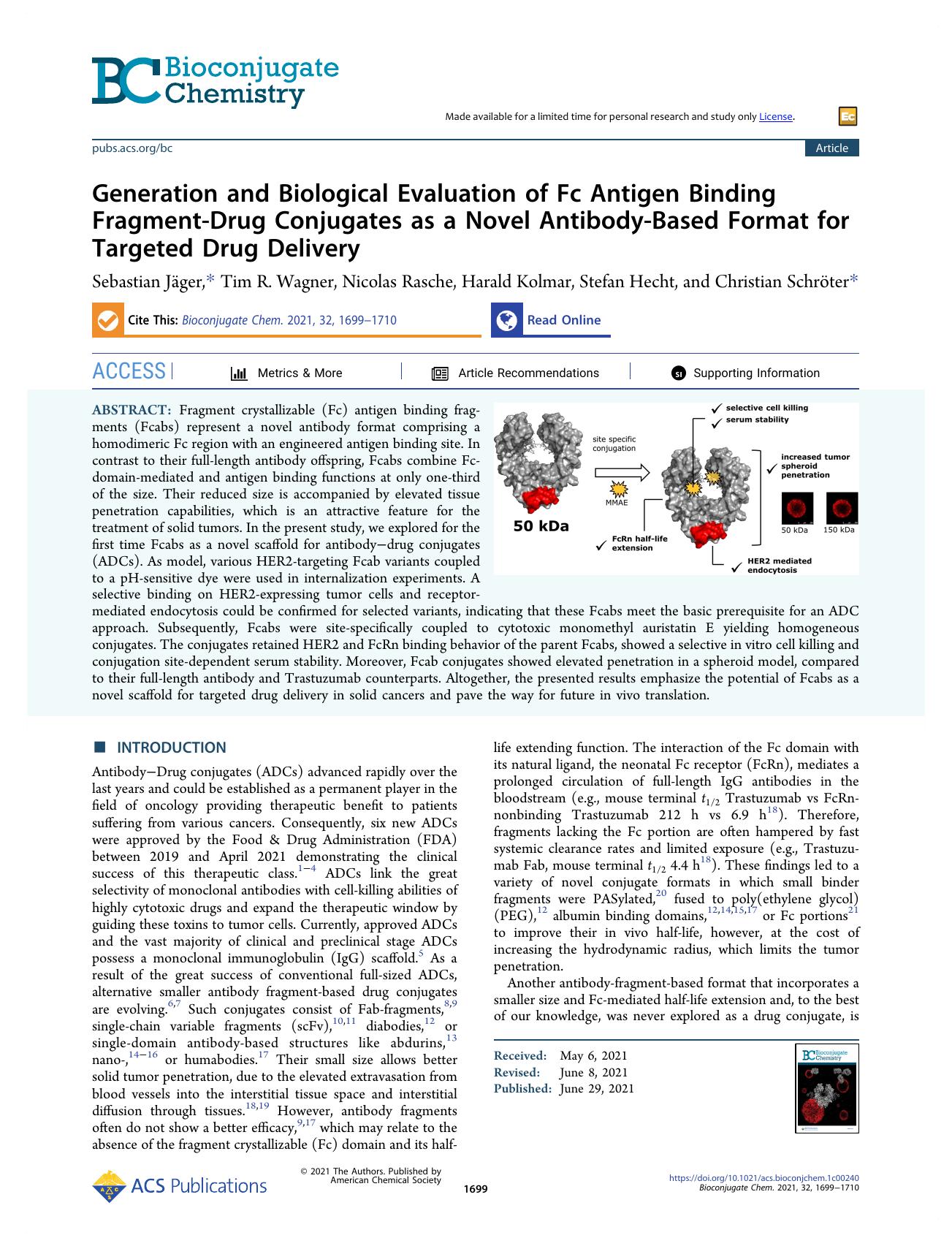 Generation and Biological Evaluation of Fc Antigen Binding Fragment-Drug Conjugates as a Novel Antibody-Based Format for Targeted Drug Delivery by unknow