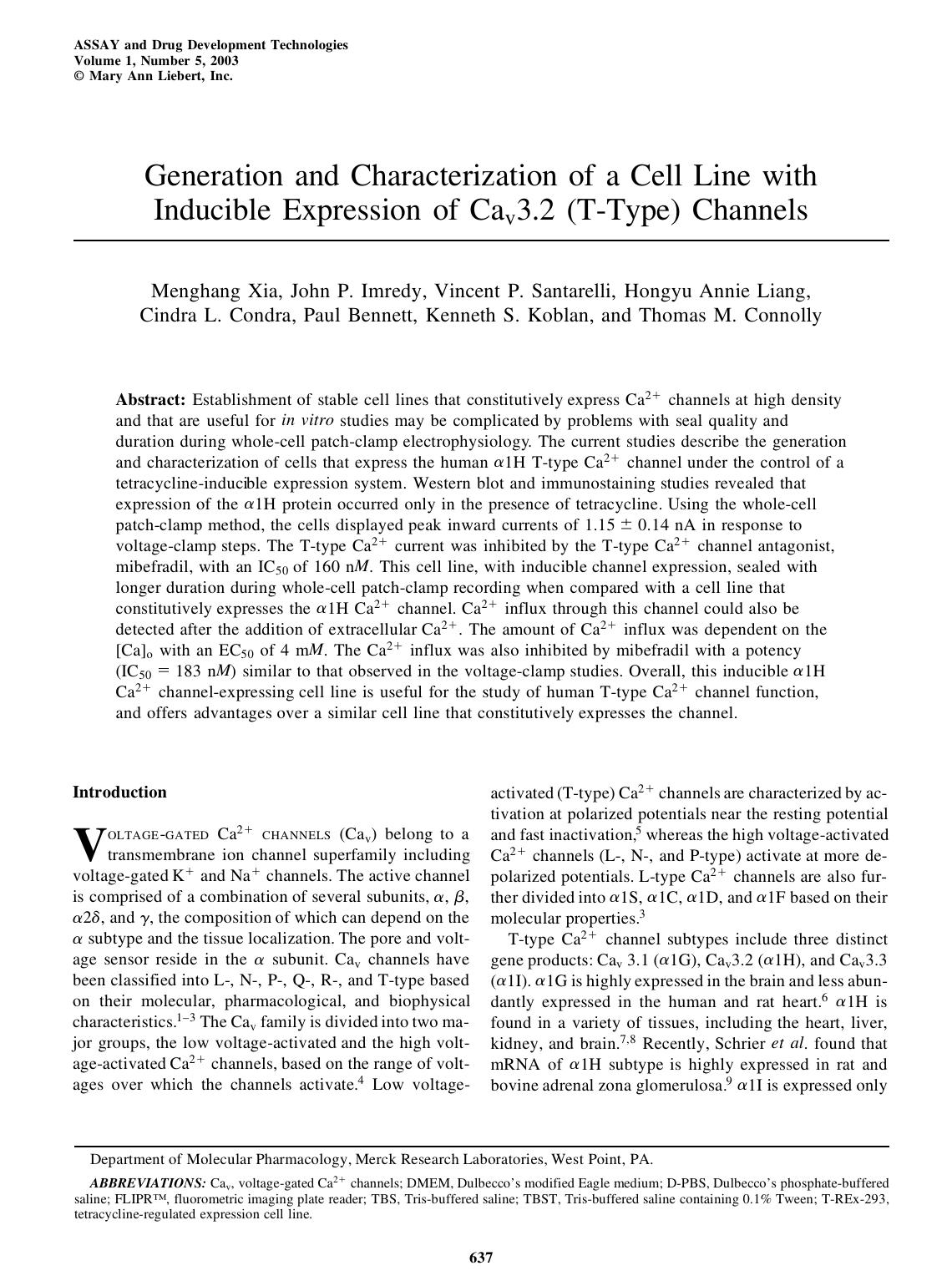 Generation and Characterization of a Cell Line with Inducible Expression of Cav3.2 (T-Type) Channels by unknow