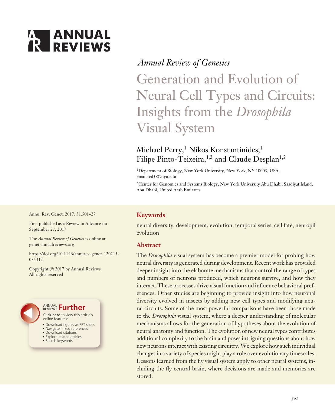 Generation and Evolution of Neural Cell Types and Circuits: Insights from the Drosophila Visual System by Michael Perry Nikos Konstantinides Filipe Pinto-Teixeira Claude Desplan