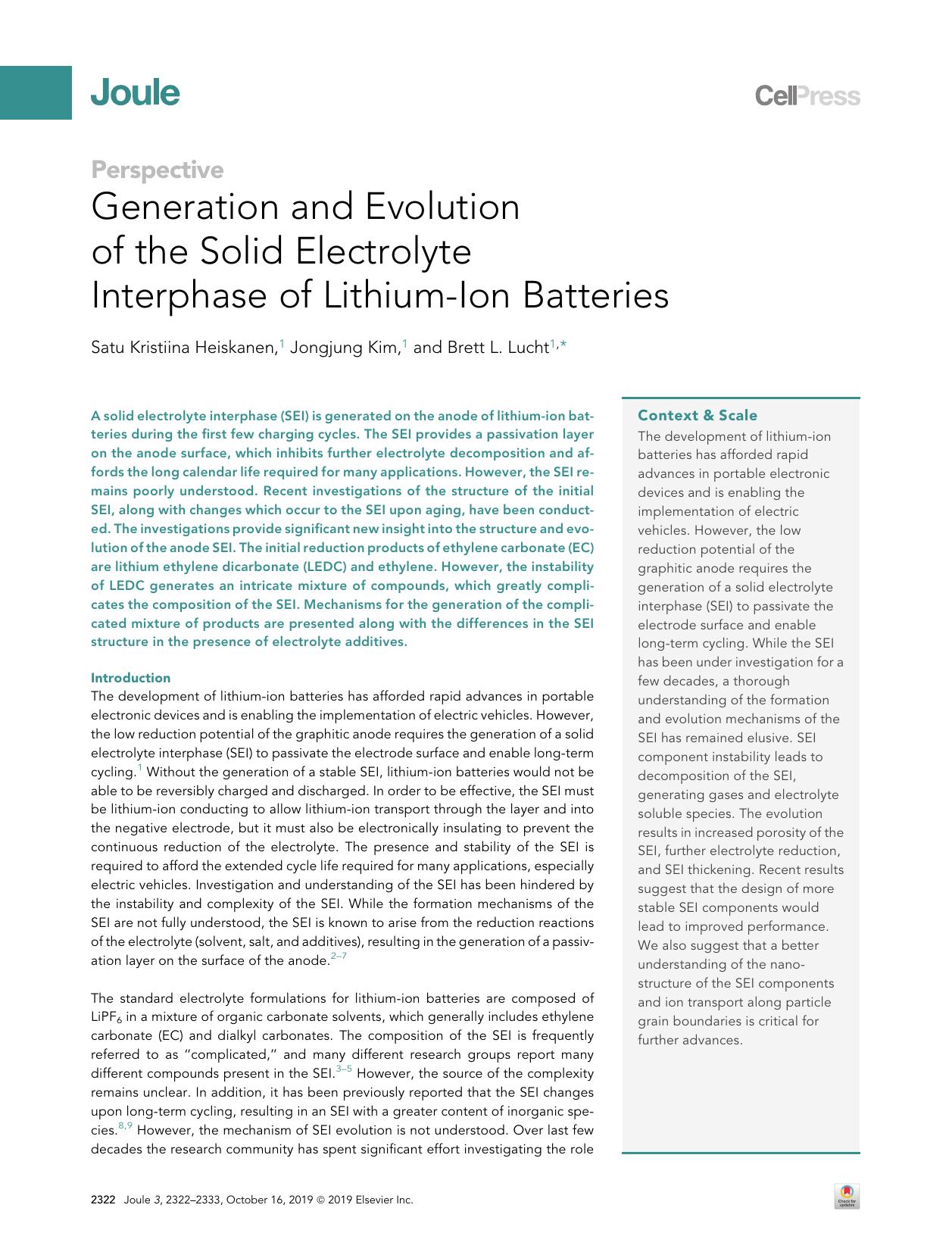 Generation and Evolution of the Solid Electrolyte Interphase of Lithium-Ion Batteries by Satu Kristiina Heiskanen & Jongjung Kim & Brett L. Lucht