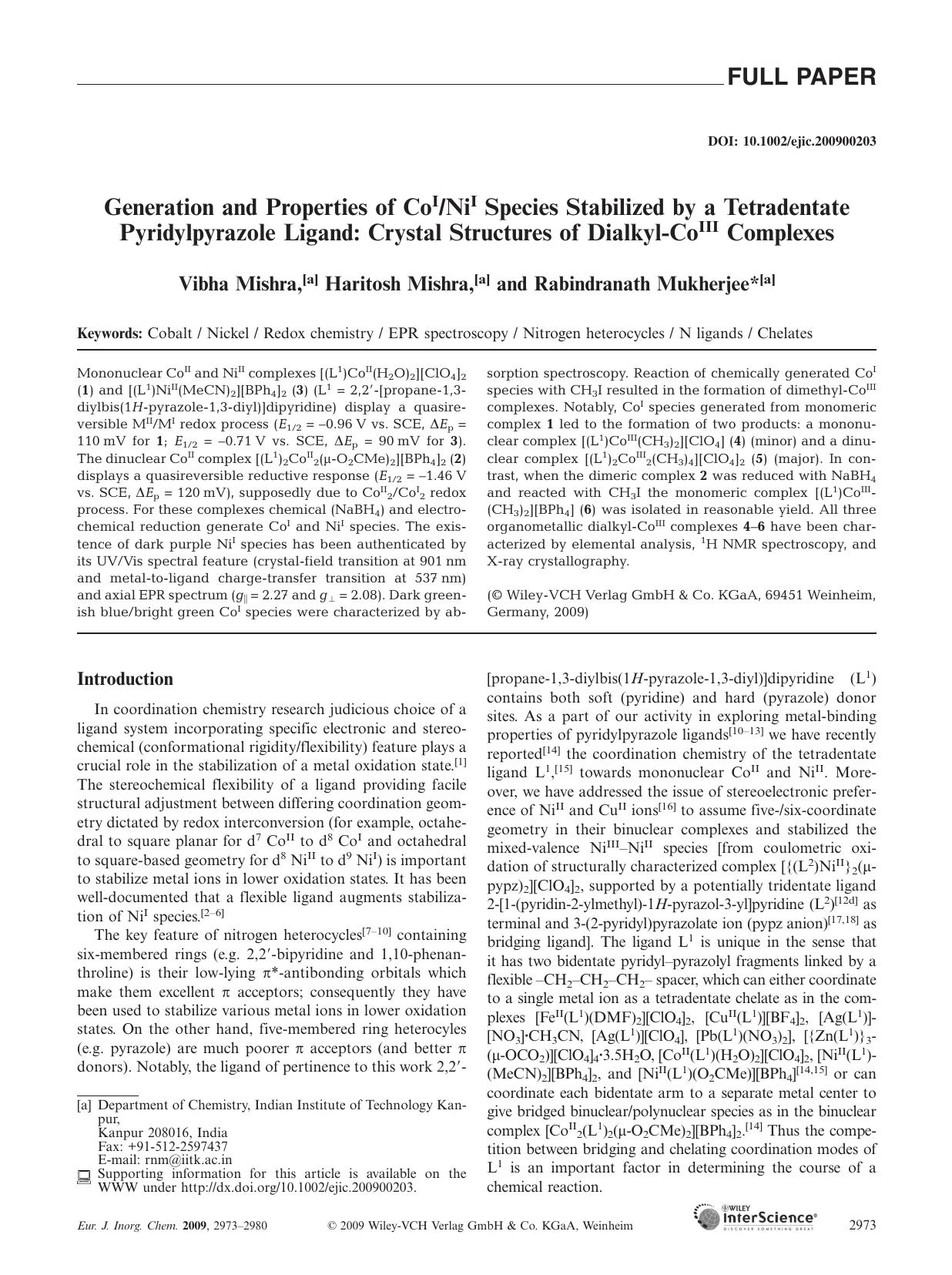 Generation and Properties of CoINiI Species Stabilized by a Tetradentate Pyridylpyrazole Ligand: Crystal Structures of Dialkyl-CoIII Complexes by Unknown