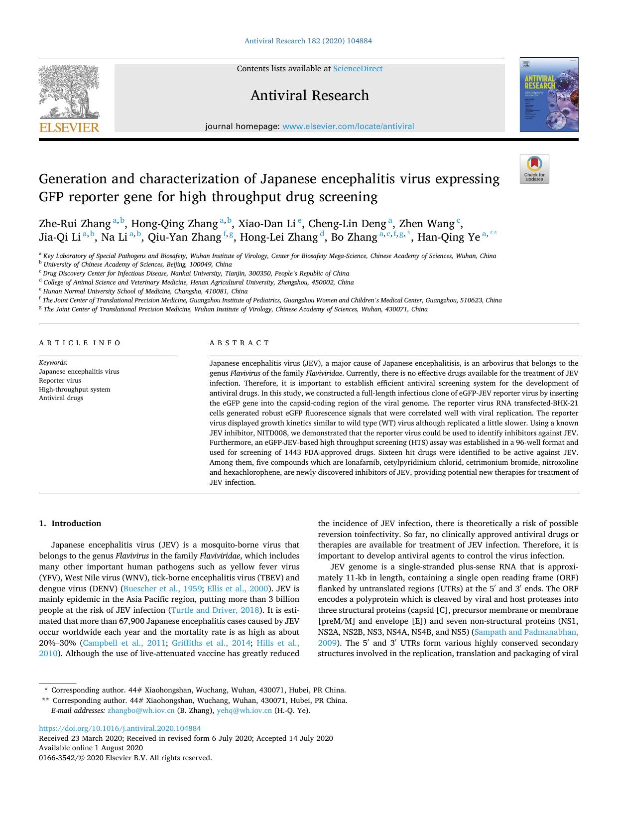 Generation and characterization of Japanese encephalitis virus expressing GFP reporter gene for high throughput drug screening by Zhe-Rui Zhang