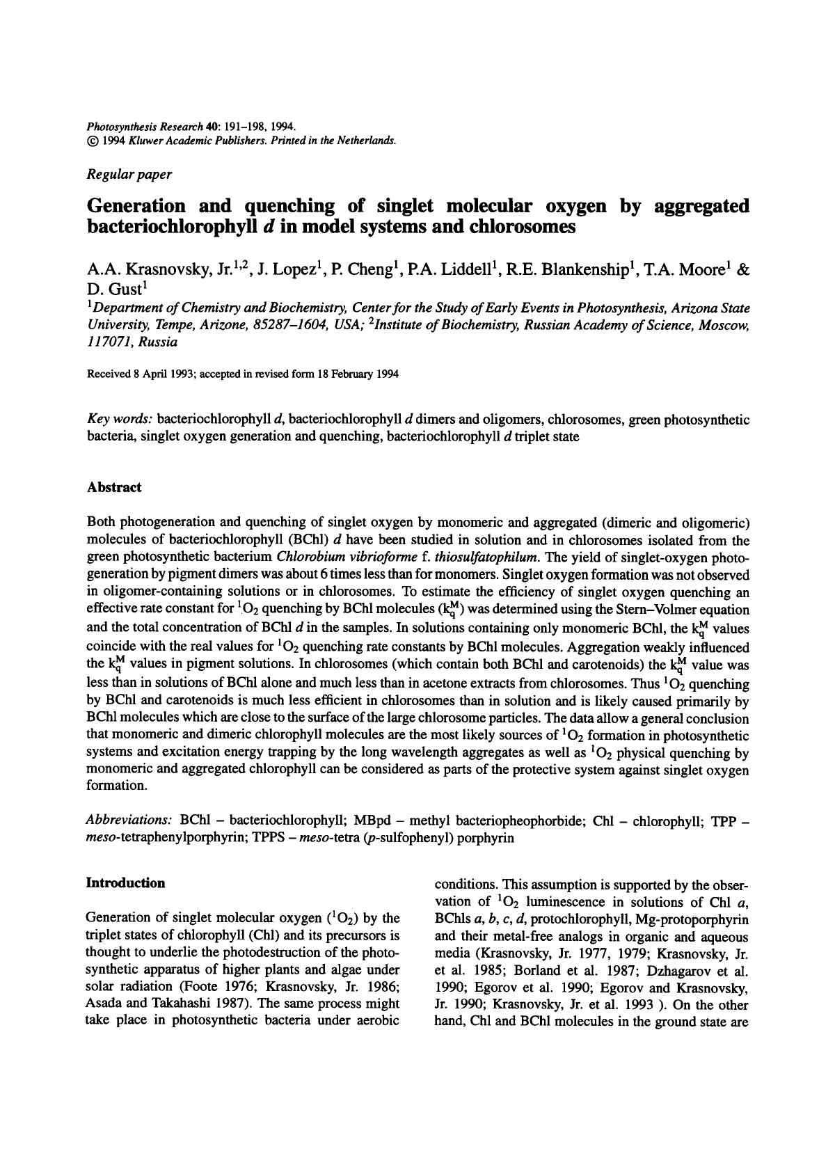 Generation and quenching of singlet molecular oxygen by aggregated bacteriochlorophyll <Emphasis Type="Italic">d<Emphasis> in model systems and chlorosomes by Unknown