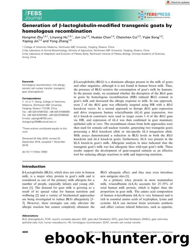Generation of Î²âlactoglobulinâmodified transgenic goats by homologous recombination by Unknown