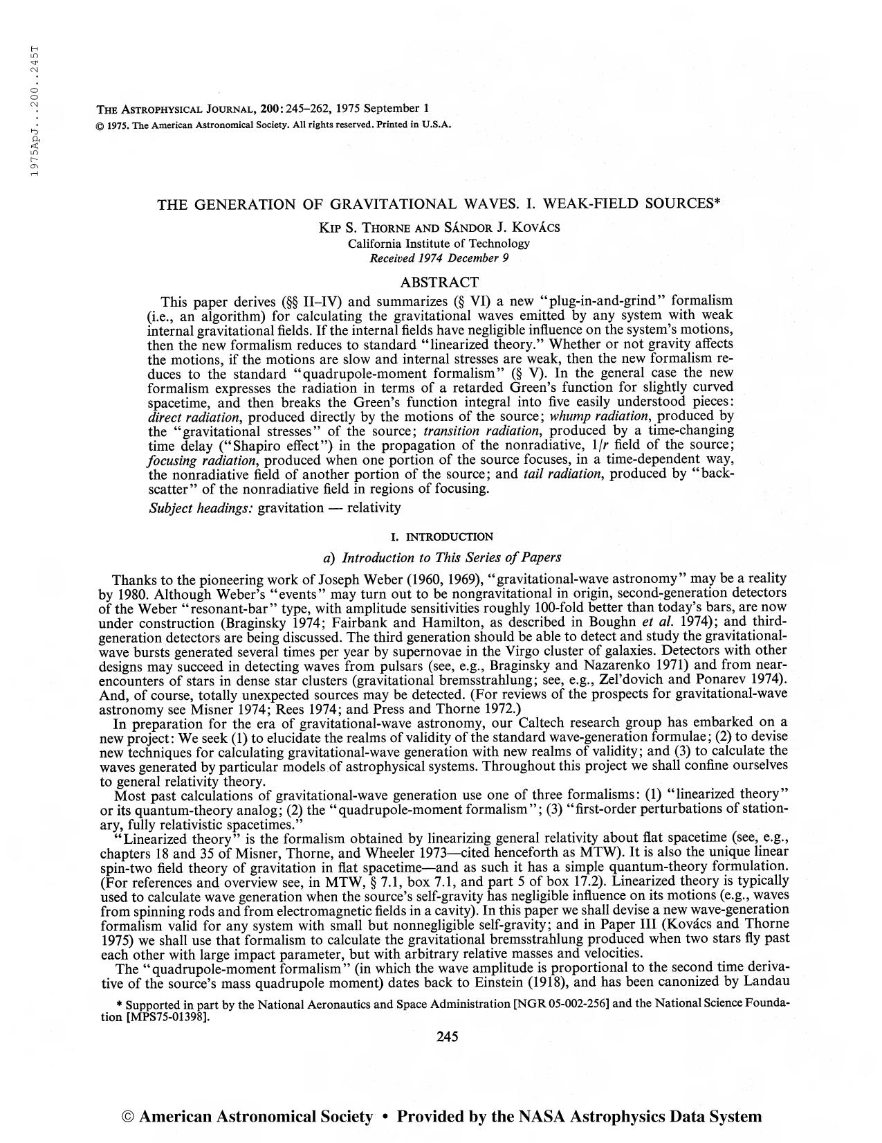 Generation of Gravitational Waves, I (1975) by Unknown