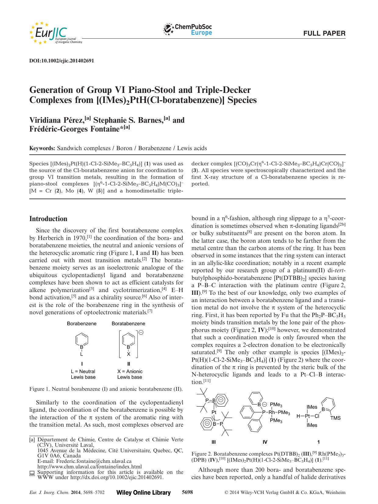 Generation of Group VI PianoStool and TripleDecker Complexes from [(IMes)2PtH(Clboratabenzene)] Species by Unknown