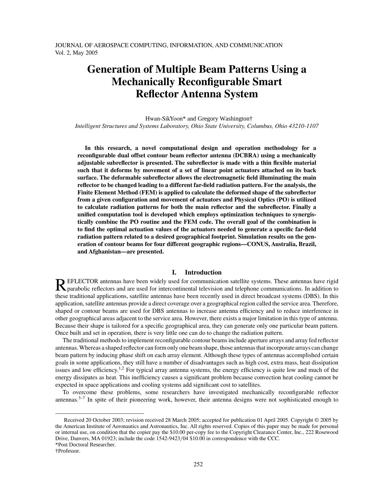 Generation of Multiple Beam Patterns Using a Mechanically Reconfigurable Smart Reflector Antenna System by Unknown