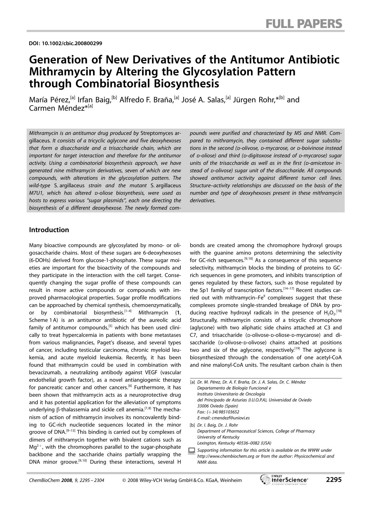 Generation of New Derivatives of the Antitumor Antibiotic Mithramycin by Altering the Glycosylation Pattern through Combinatorial Biosynthesis by Unknown