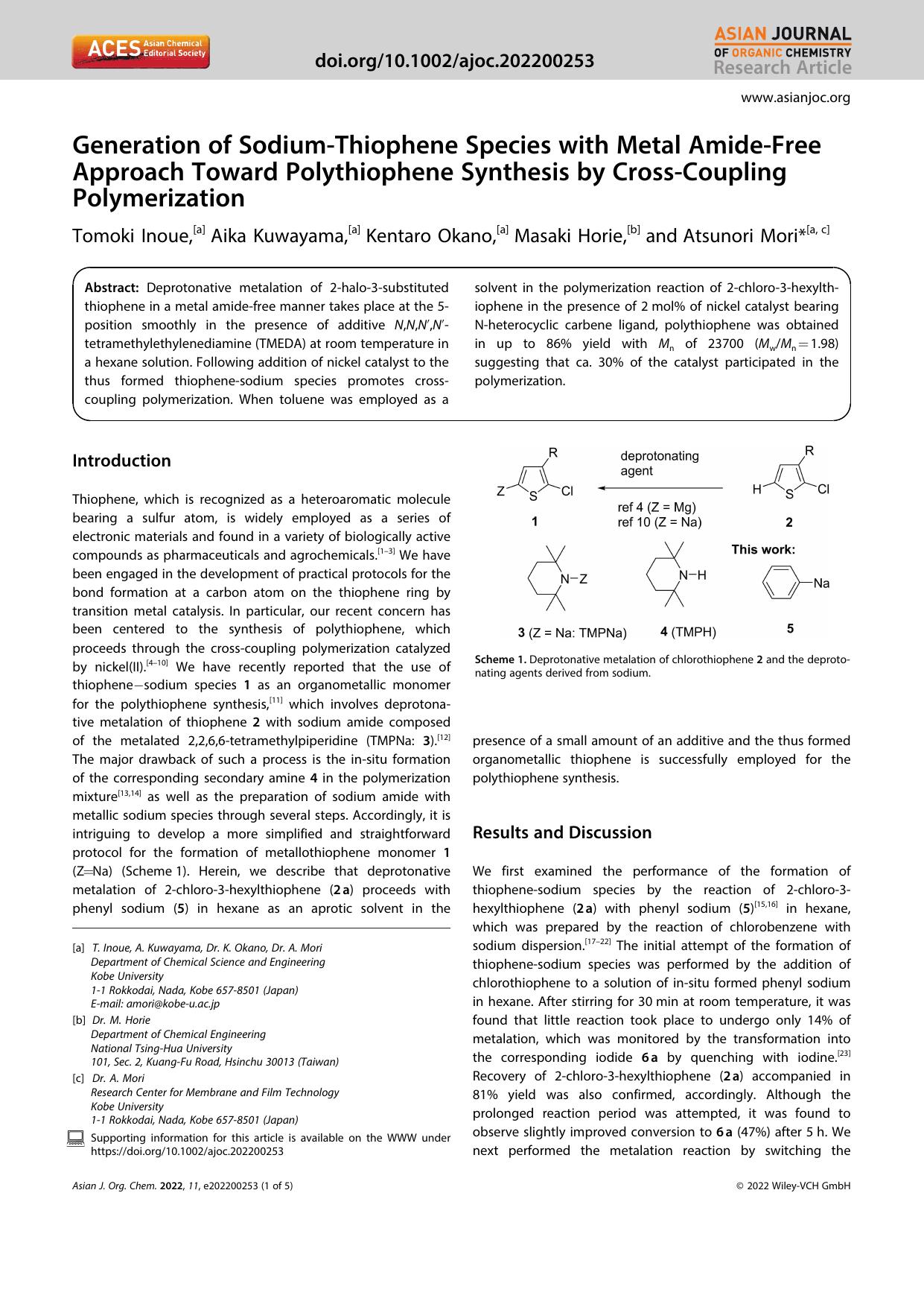 Generation of SodiumâThiophene Species with Metal AmideâFree Approach Toward Polythiophene Synthesis by CrossâCoupling Polymerization by Unknown