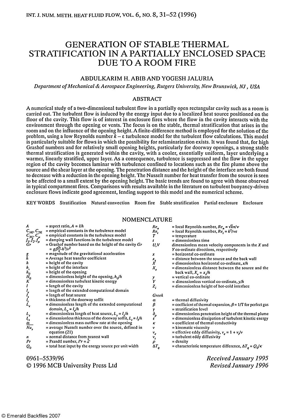 Generation of Stable Thermal Stratification in a Partially Enclosed Space due to a Room Fire by Abdulkarim H. Abib & Yogesh Jaluria