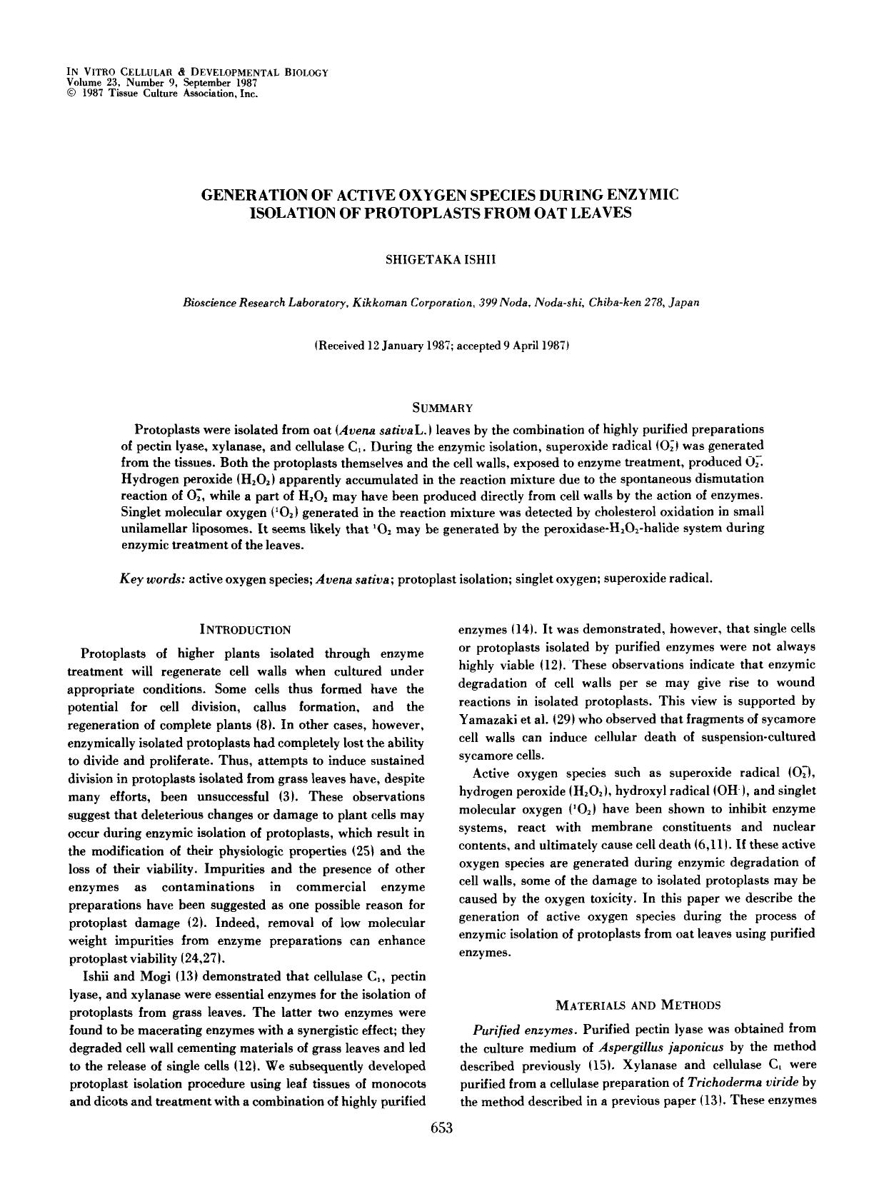 Generation of active oxygen species during enzymic isolation of protoplasts from oat leaves by Unknown
