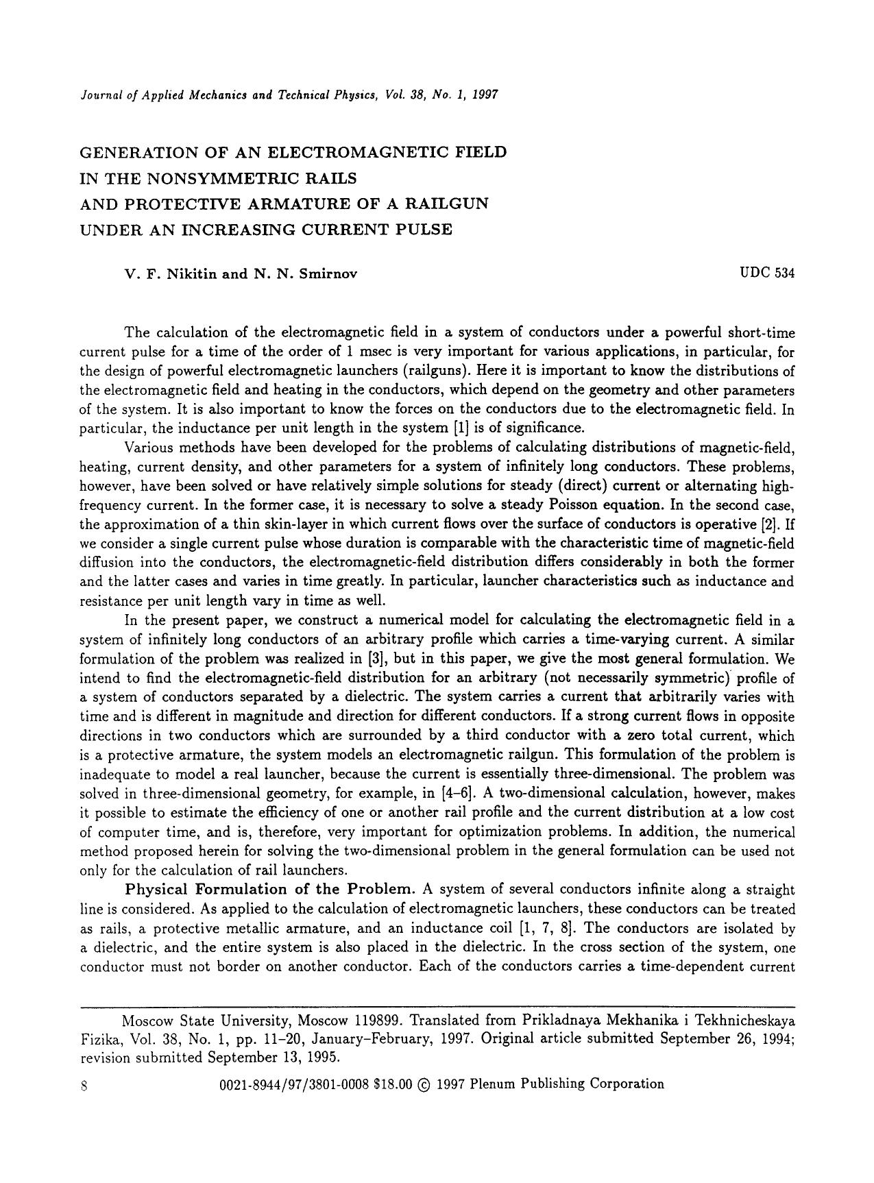 Generation of an electromagnetic field in the nonsymmetric rails and protective armature of a railgun under an increasing current pulse by Unknown