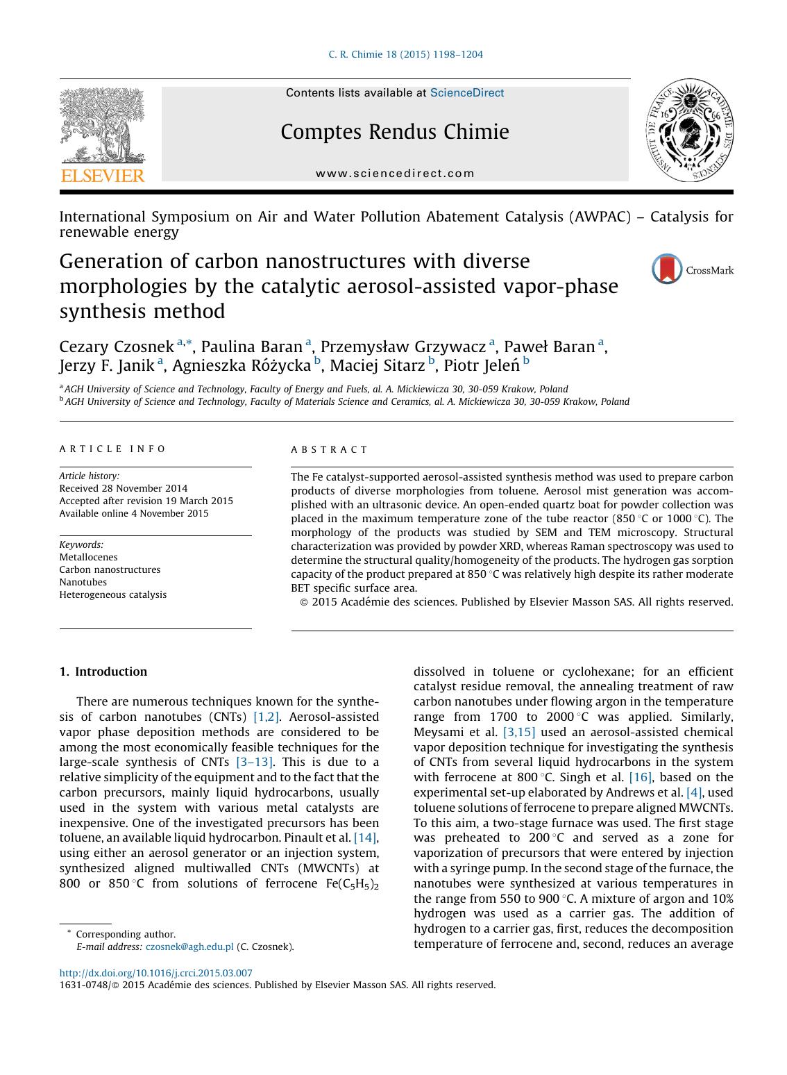 Generation of carbon nanostructures with diverse morphologies by the catalytic aerosol-assisted vapor-phase synthesis method by unknow