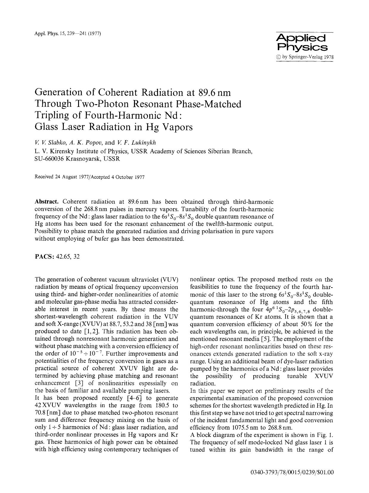 Generation of coherent radiation at 89.6 nm through two-photon resonant phase-matched tripling of fourth-harmonic Nd: Glass laser radiation in Hg vapors by Unknown