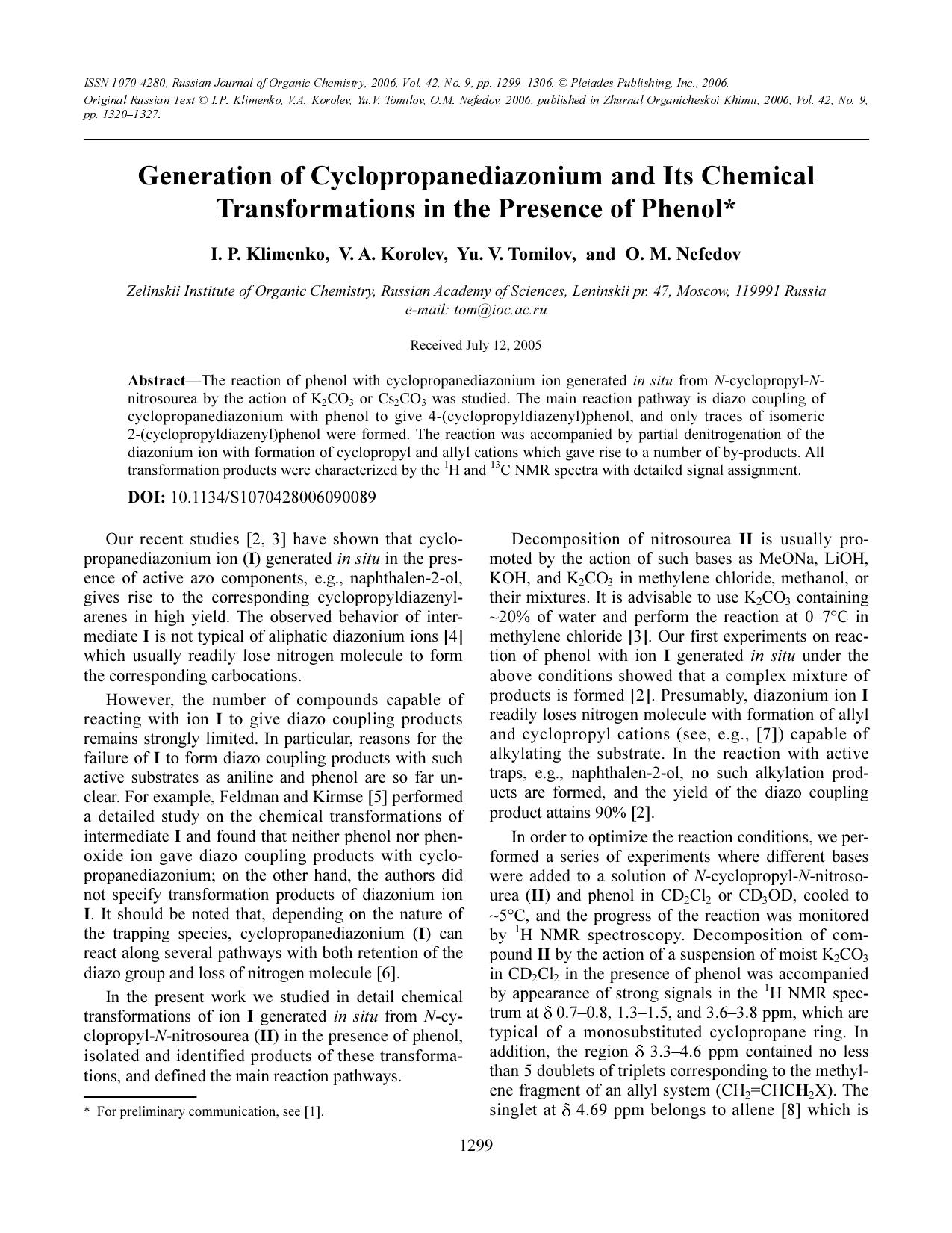 Generation of cyclopropanediazonium and its chemical transformations in the presence of phenol by Unknown