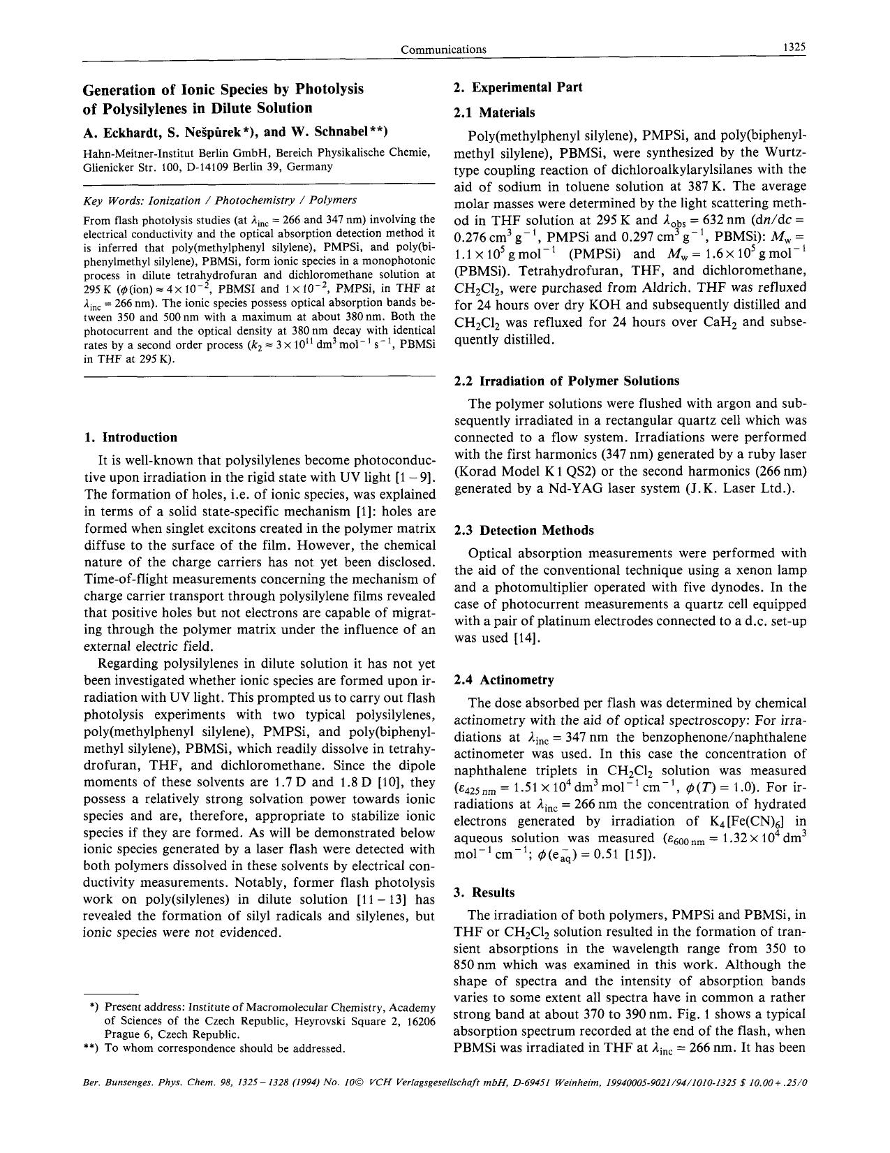 Generation of ionic species by photolysis of polysilylenes in dilute solution by Unknown
