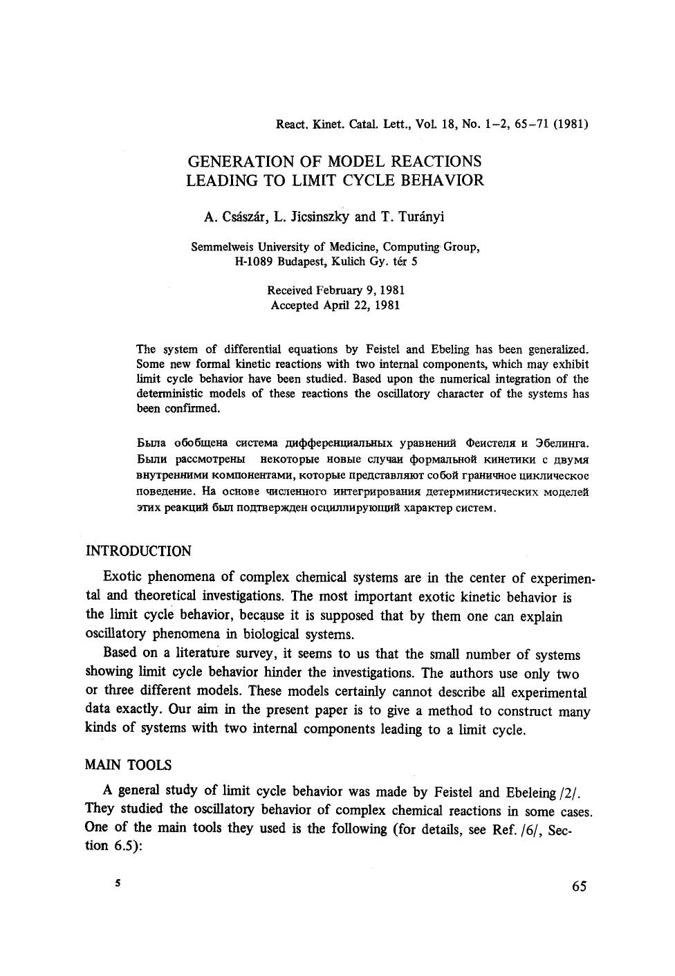 Generation of model reactions leading to limit cycle behavior by Unknown