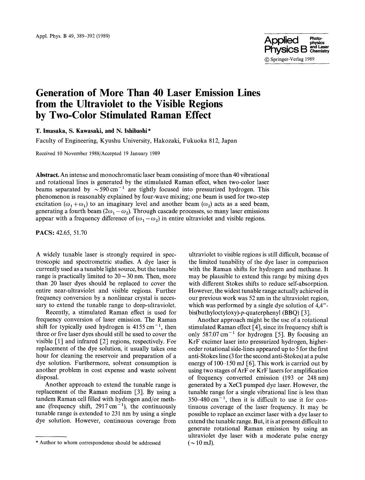 Generation of more than 40 laser emission lines from the ultraviolet to the visible regions by two-color stimulated raman effect by Unknown