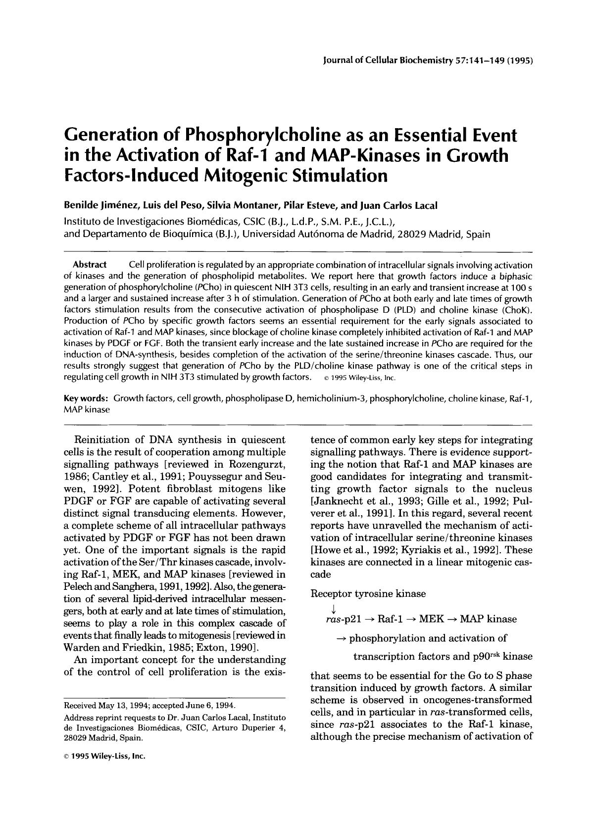 Generation of phosphorylcholine as an essential event in the activation of Raf-1 and MAP-kinases in growth factors-induced mitogenic stimulation by Unknown