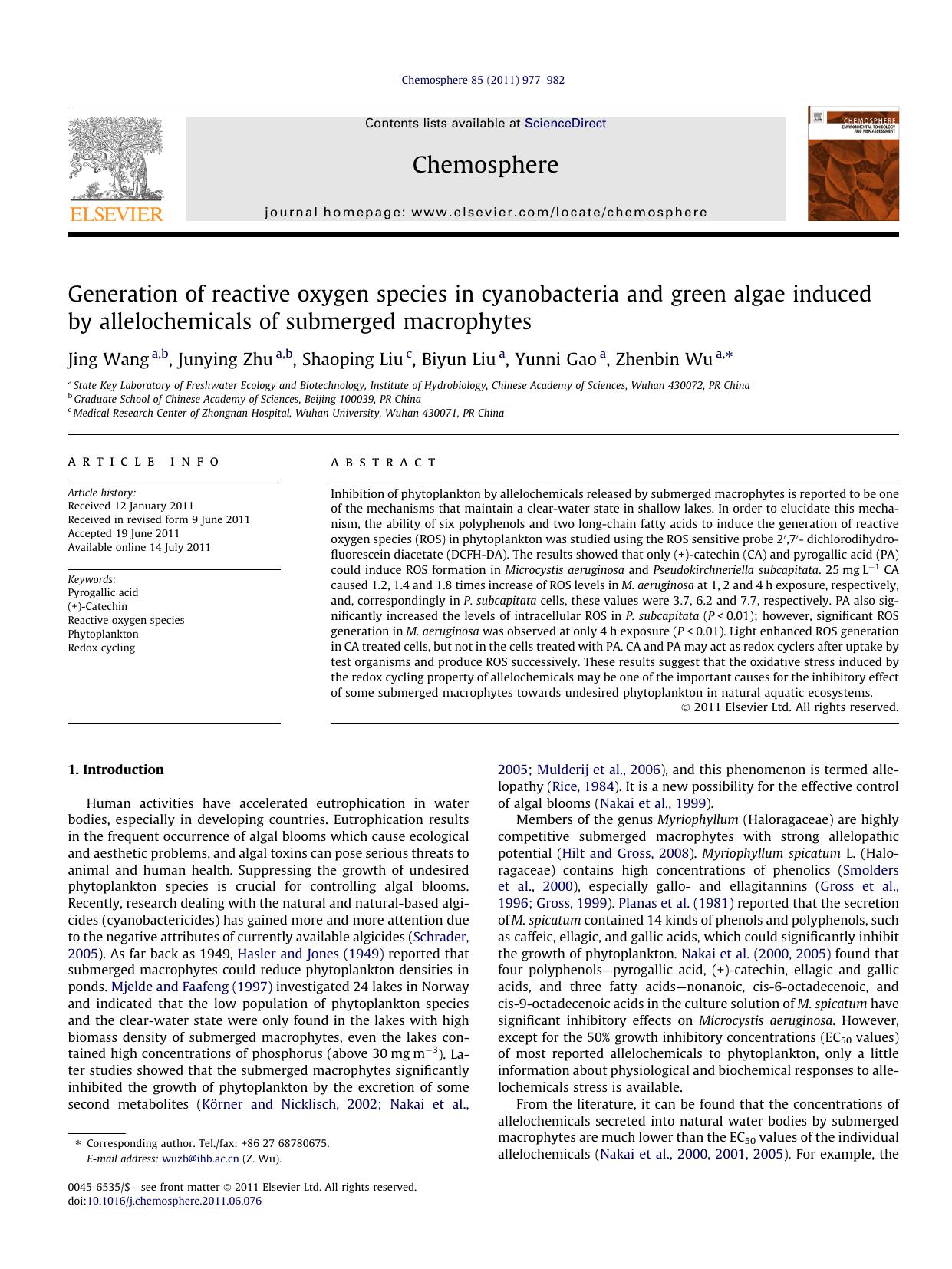 Generation of reactive oxygen species in cyanobacteria and green algae induced by allelochemicals of submerged macrophytes by Jing Wang & Junying Zhu & Shaoping Liu & Biyun Liu & Yunni Gao & Zhenbin Wu