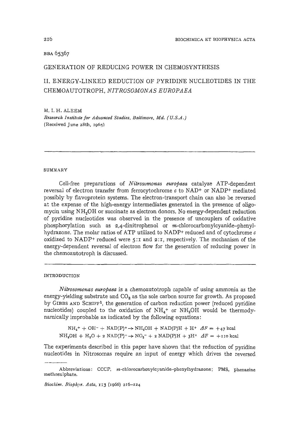 Generation of reducing power in chemosynthesis II. Energy-linked reduction of pyridine nucleotides in the chemoautotroph, Nitrosomonas europaea by M.I.H. Aleem