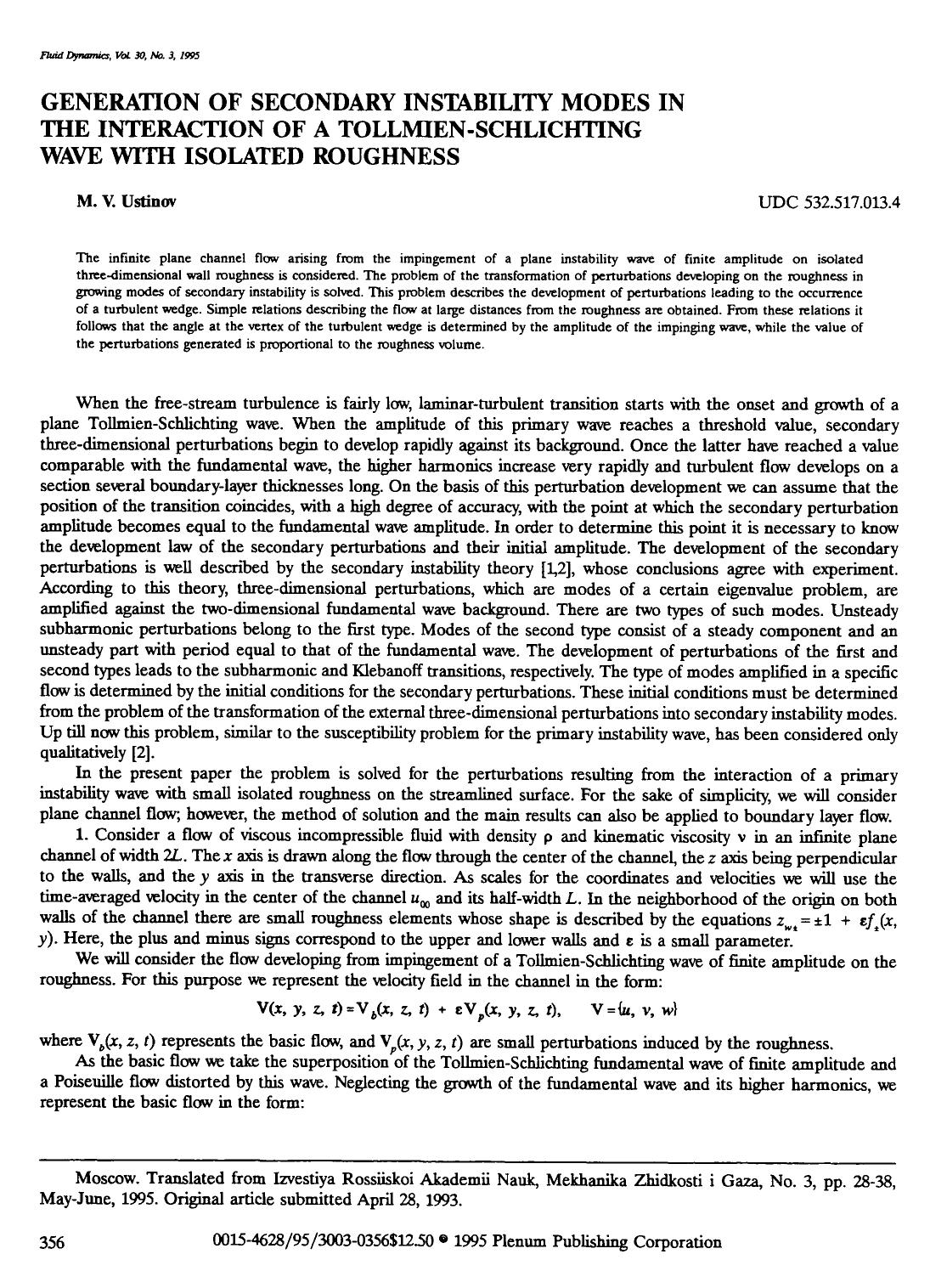 Generation of secondary instability modes in the interaction of a Tollmien-Schlichting wave with isolated roughness by Unknown