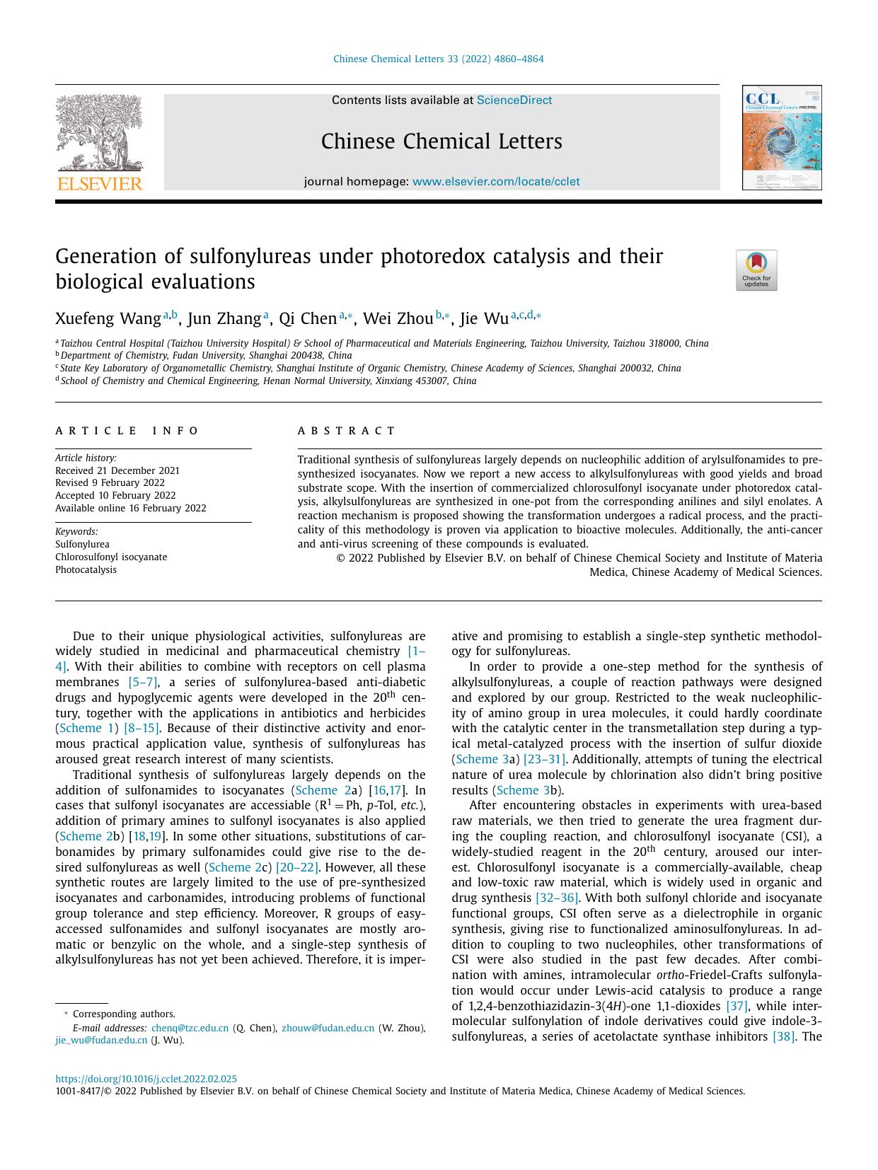 Generation of sulfonylureas under photoredox catalysis and their biological evaluations by Xuefeng Wang & Jun Zhang & Qi Chen & Wei Zhou & Jie Wu