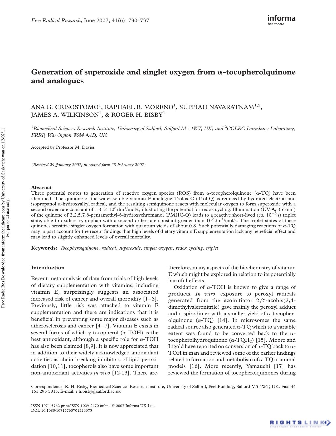 Generation of superoxide and singlet oxygen from Î±-tocopherolquinone and analogues by unknow