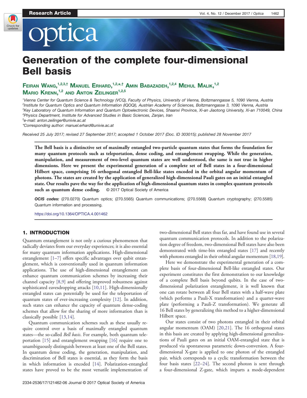 Generation of the complete four-dimensional Bell basis by Feiran Wang & Manuel Erhard & Amin Babazadeh & Mehul Malik & Mario Krenn & Anton Zeilinger