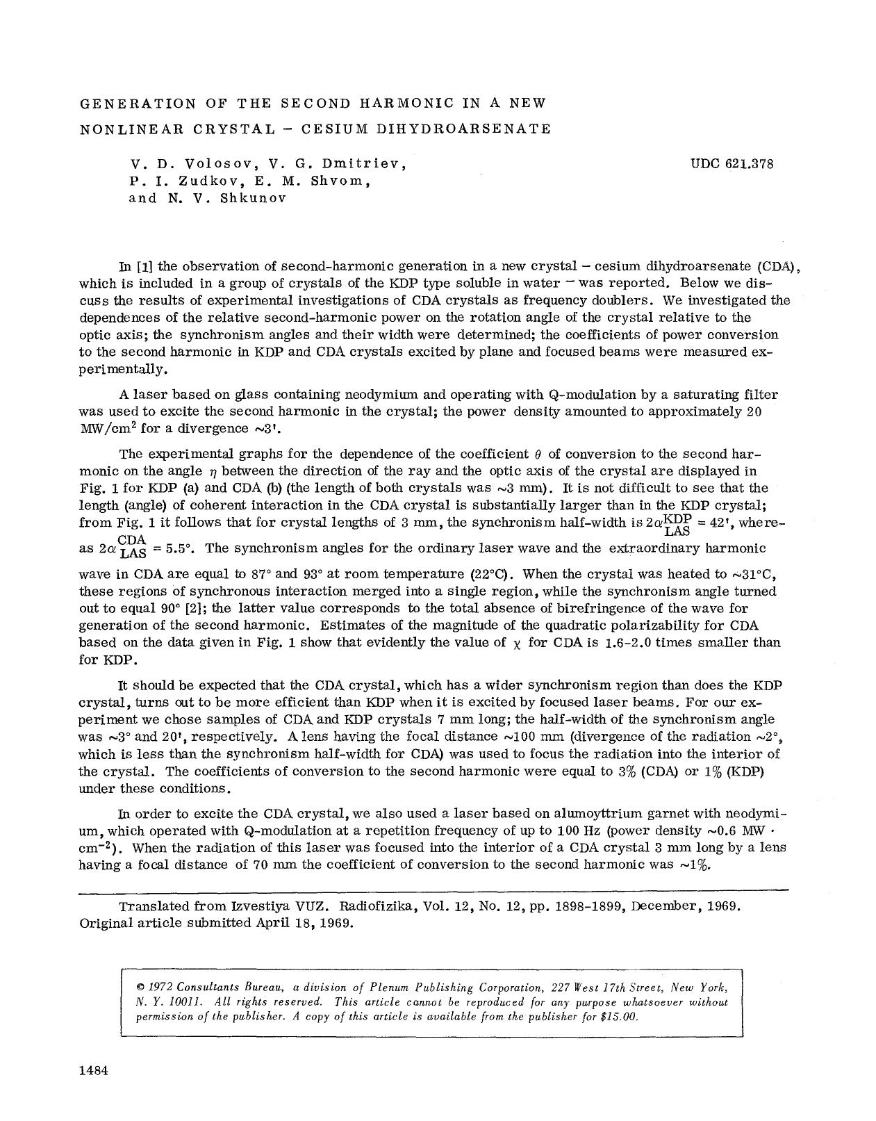 Generation of the second harmonic in a new nonlinear crystal — Cesium dihydroarsenate by Unknown