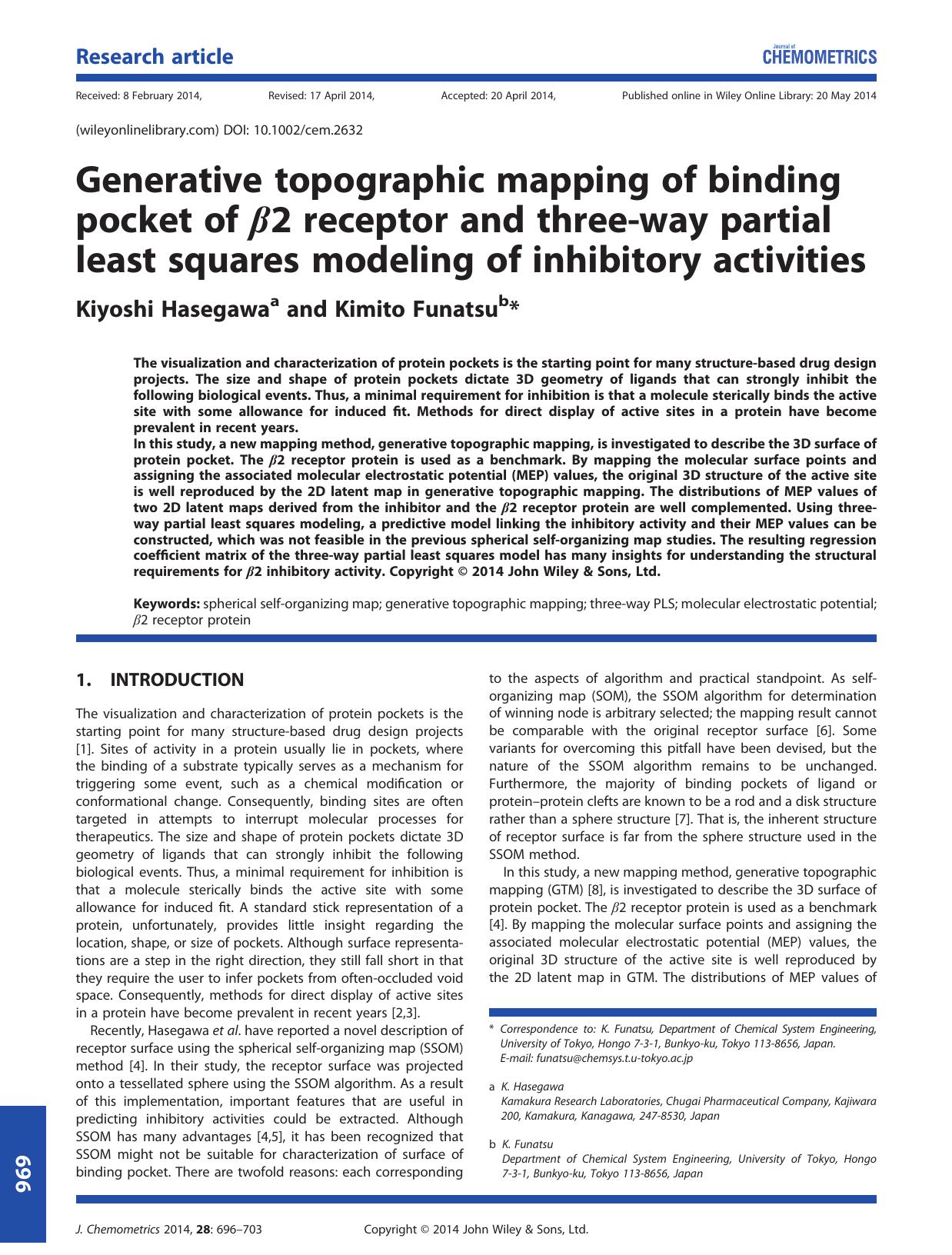 Generative topographic mapping of binding pocket of 2 receptor and three-way partial least squares modeling of inhibitory activities by Kiyoshi Hasegawa and Kimito Funatsu