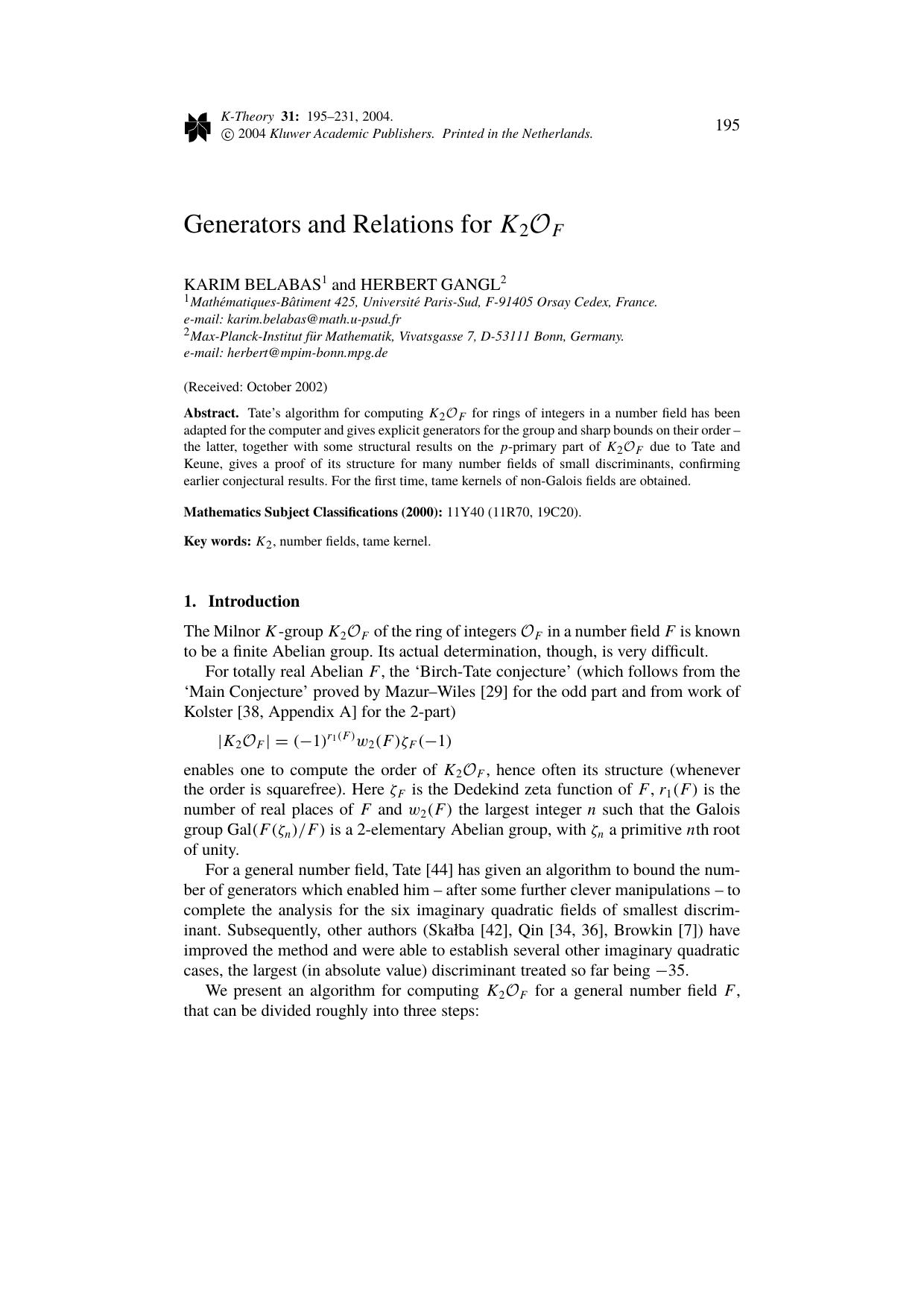 Generators and Relations for <Emphasis Type="Italic">O<Emphasis> by Unknown