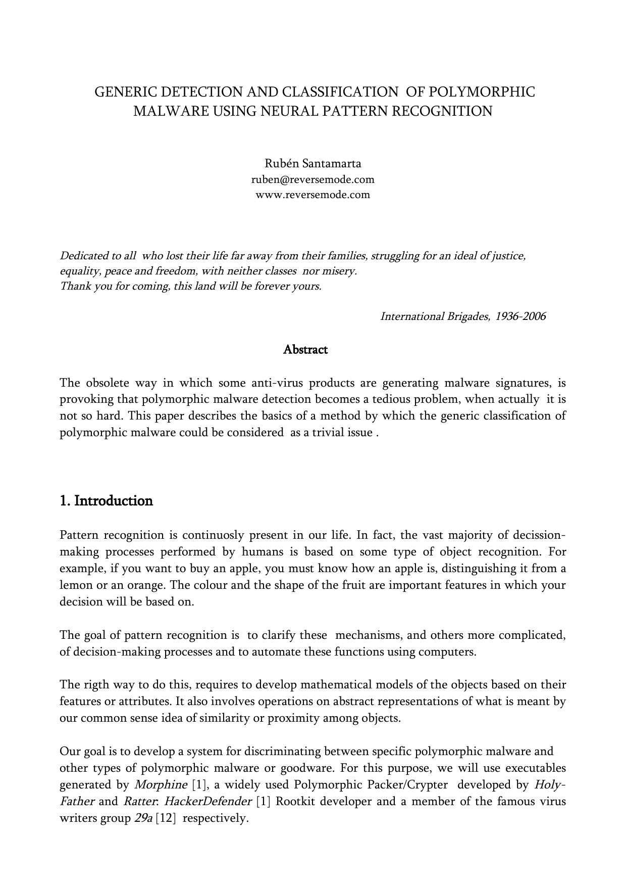 Generic Detection and Classification of Polymorphic Malware Using Neural Pattern Recognition by Unknown