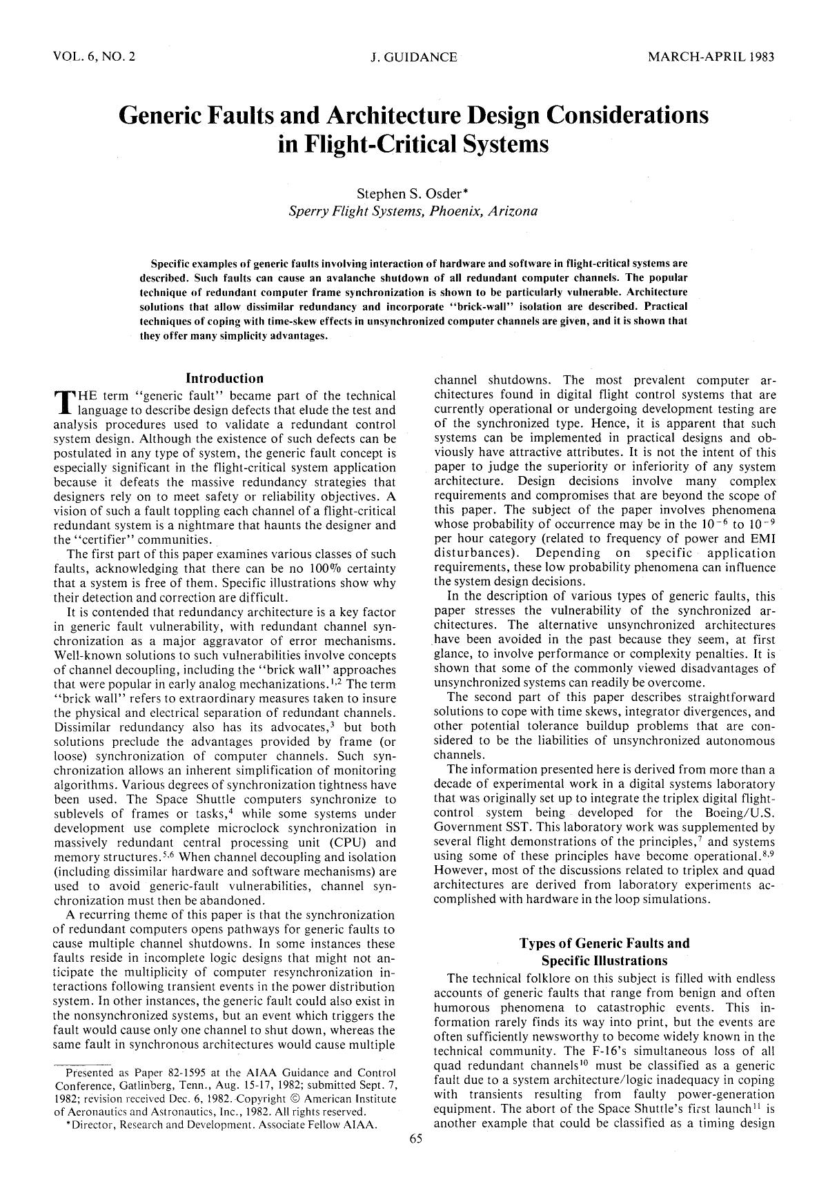 Generic Faults and Architecture Design Considerations in Flight-Critical Systems by Unknown