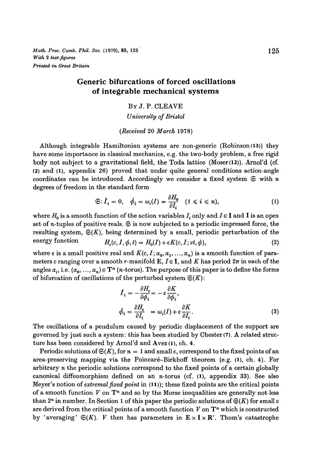 Generic bifurcations of forced oscillations of integrable mechanical systems by J. P. Cleave