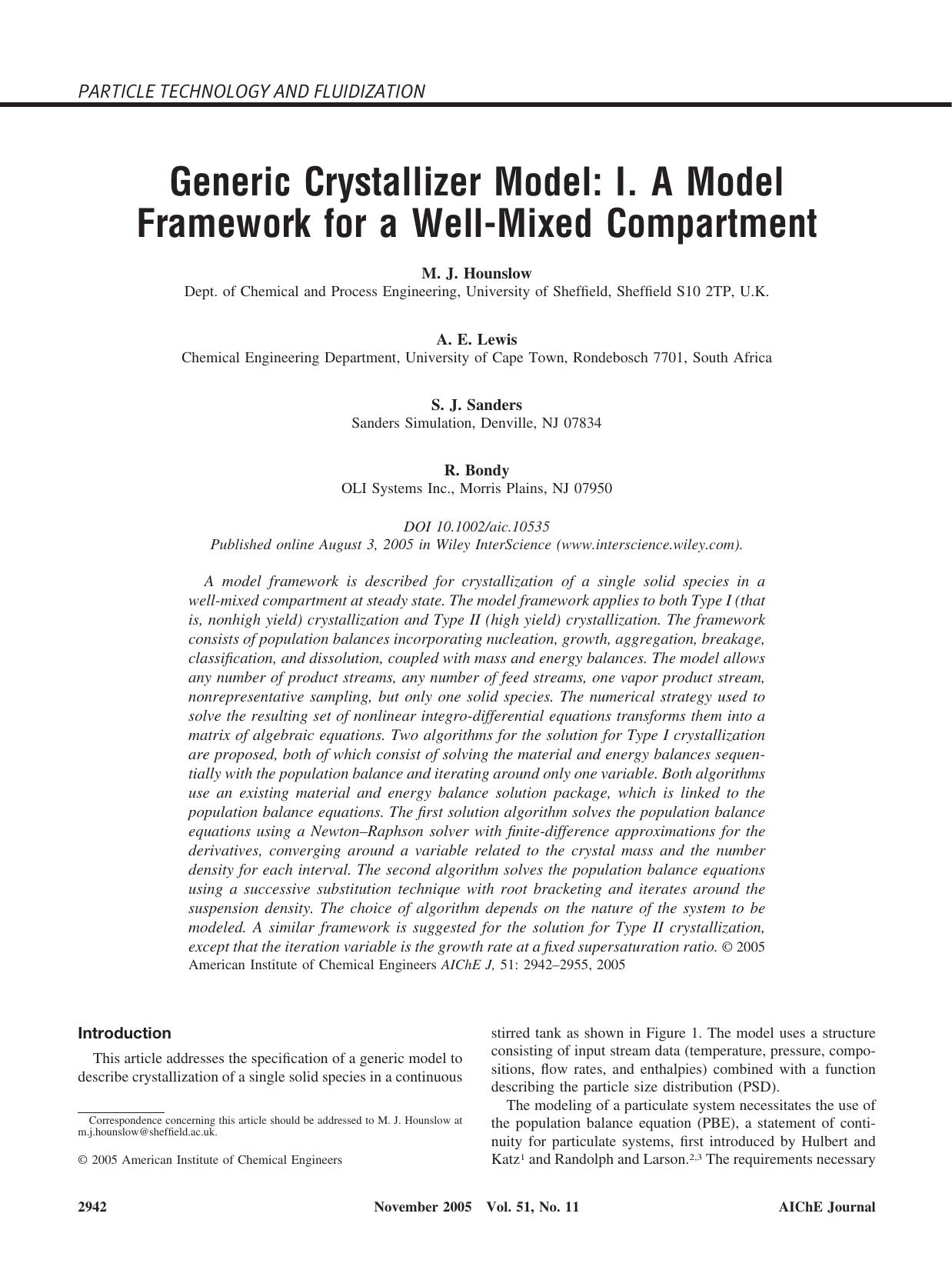 Generic crystallizer model: I. A model framework for a well-mixed compartment by Unknown