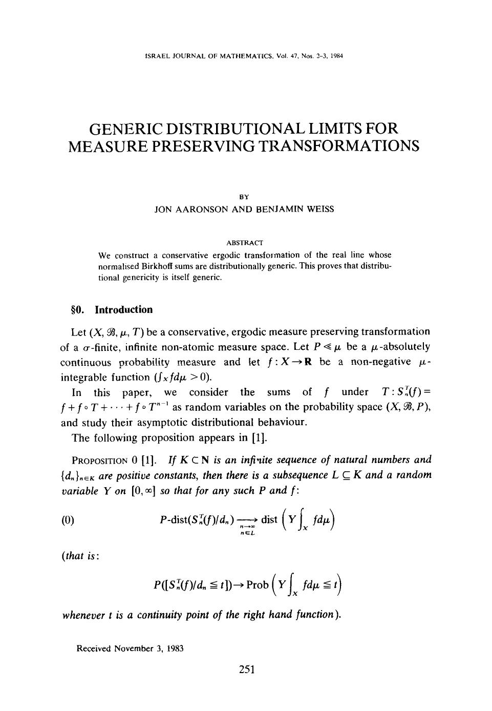 Generic distributional limits for measure preserving transformations by Unknown